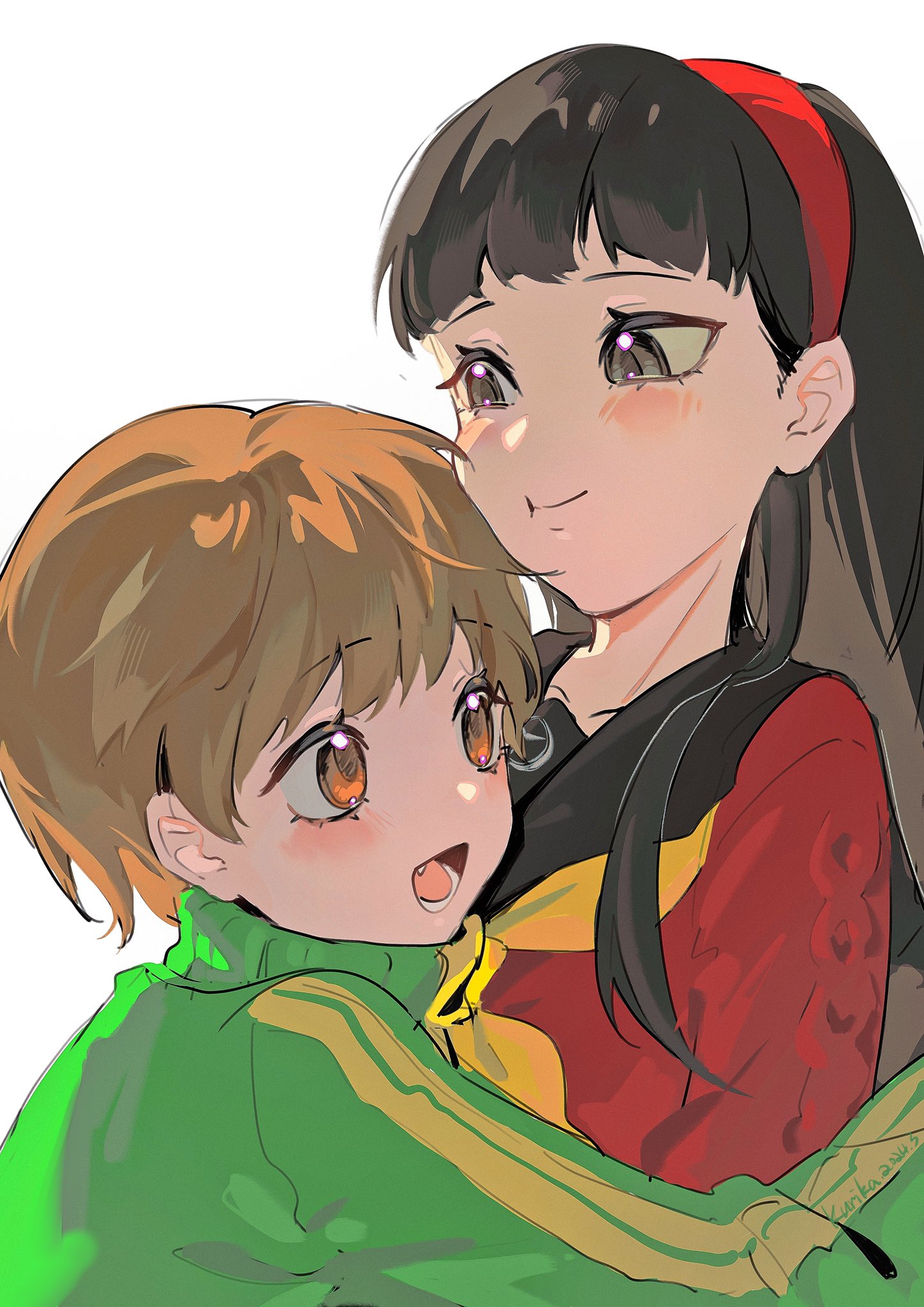 qianyewuli, amagi yukiko, satonaka chie, persona, persona 4, commentary request, highres, 2girls, :d, artist name, black eyes, black hair, black sailor collar, blunt bangs, blush, brown eyes, brown hair, cheek press, collarbone, dated, fang, from side, green jacket, hairband, height difference, hug, jacket, long hair, long sleeves, looking at another, lower teeth only, multiple girls, neckerchief, open mouth, red hairband, red sweater, sailor collar, short hair, simple background, smile, sweater, teeth, upper body, white background, yellow neckerchief, yuri