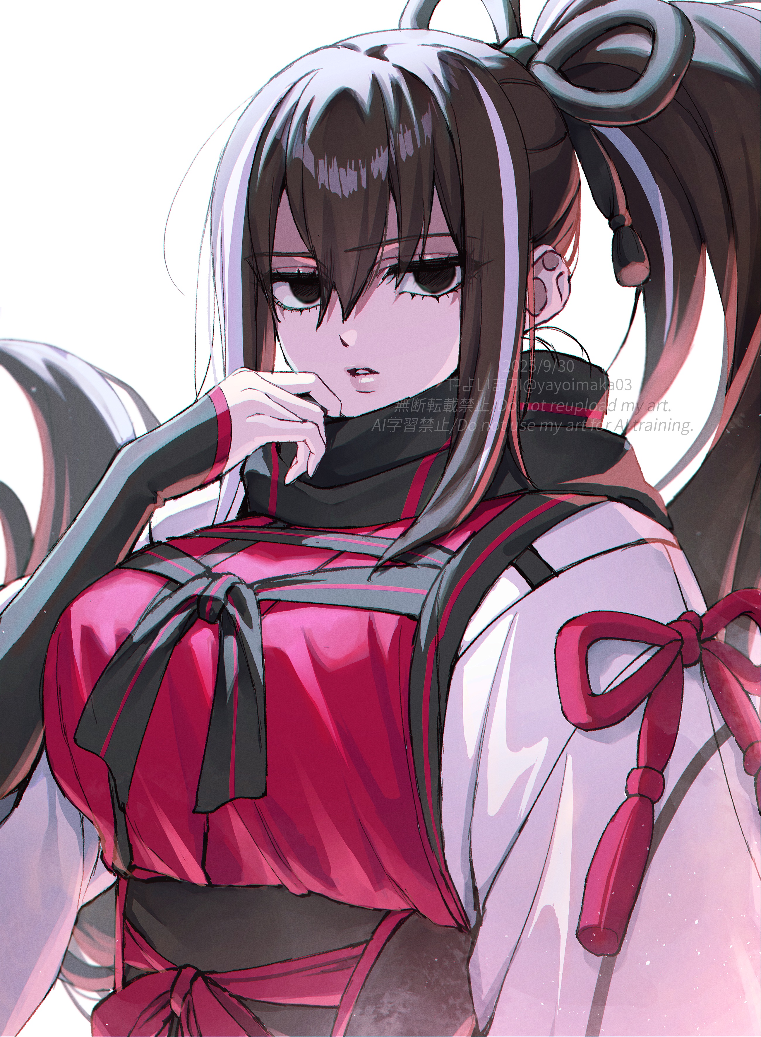 yayoi maka, kawakami gensai (fate), fate/grand order, fate (series), absurdres, highres, 1girl, black eyes, black hair, breasts, dated, large breasts, long hair, multicolored hair, neck warmer, ponytail, streaked hair, white background
