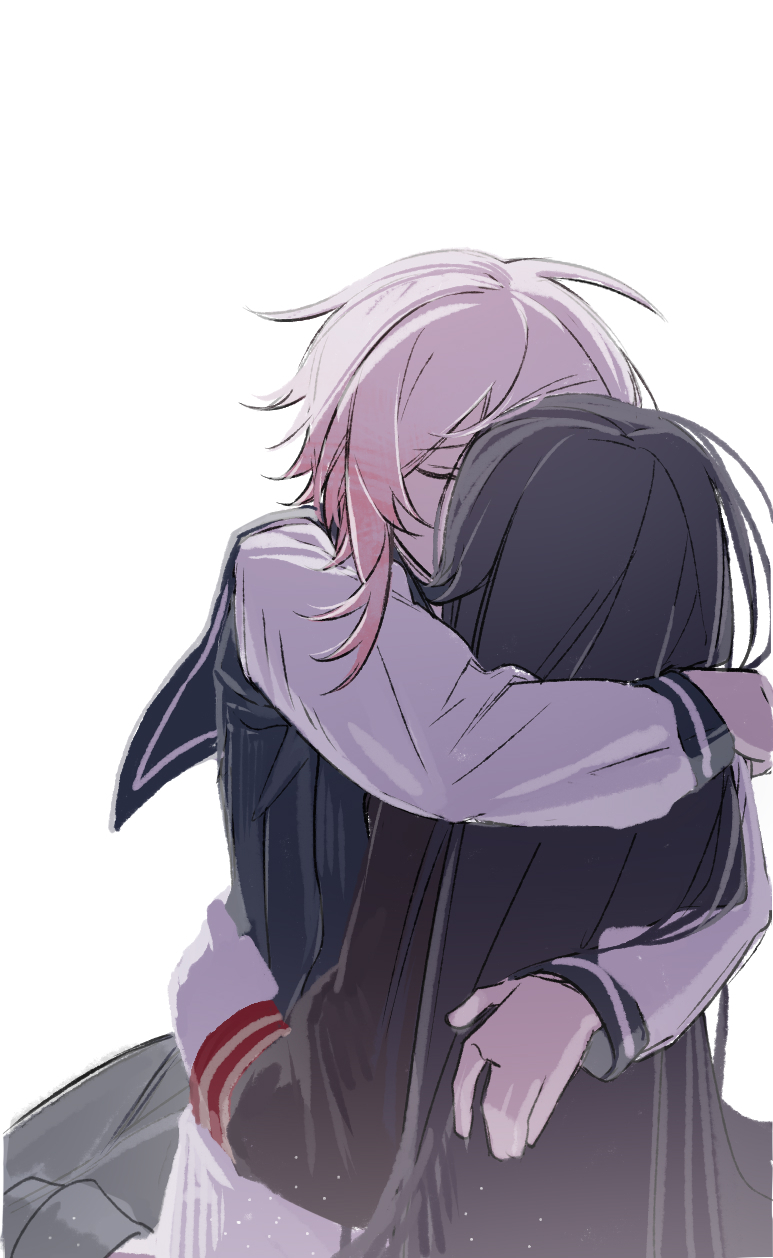 heihuamu1, nikaidou hiro, sakuraba ema, mahou shoujo no majo saiban, chinese commentary, commentary request, highres, 2girls, arms around neck, black hair, black shirt, hug, kiss, long hair, multiple girls, pink hair, school uniform, shirt, simple background, sitting, sitting on lap, sitting on person, white background, yuri