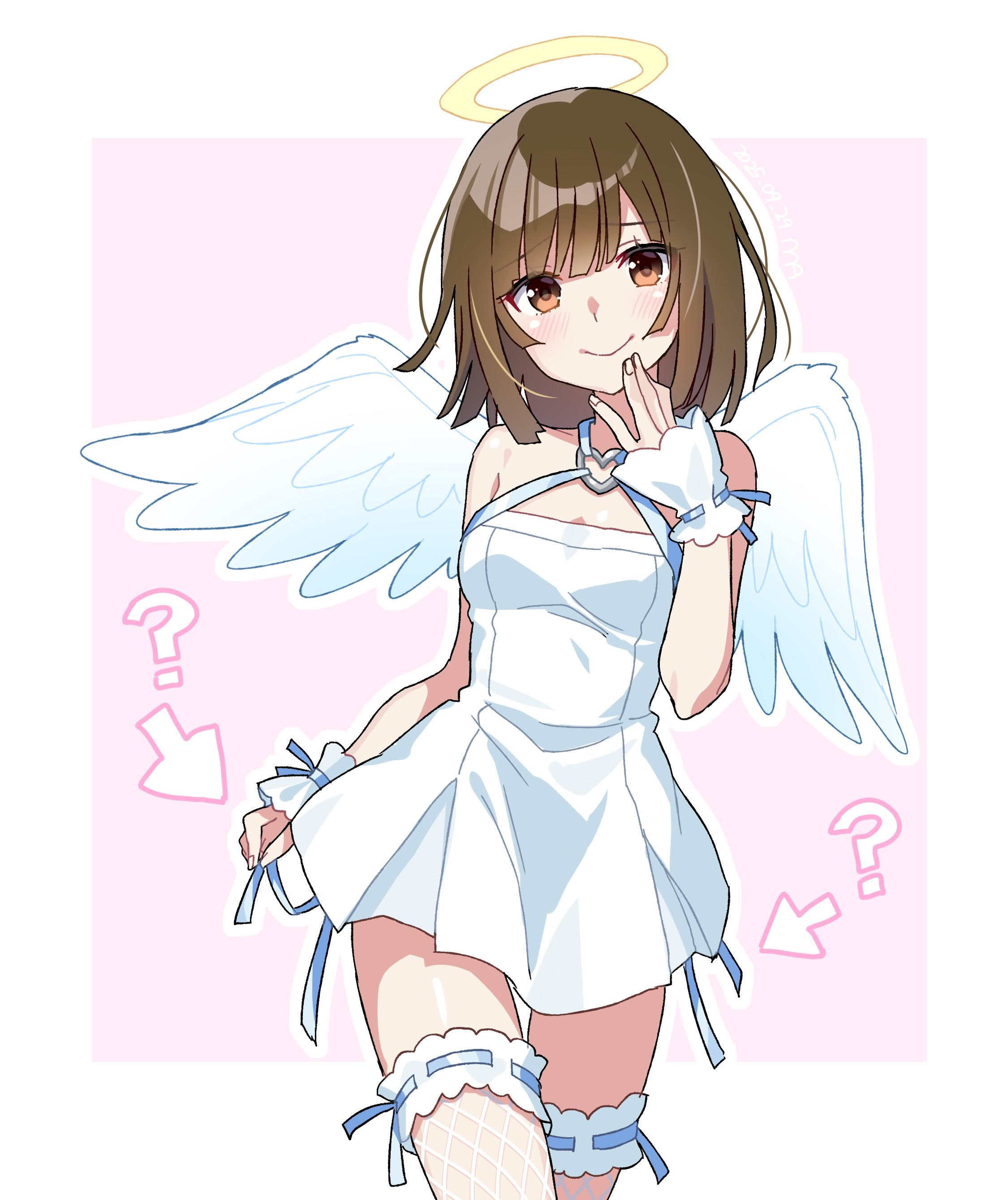 manimani (mani ma), sengoku nadeko, monogatari (series), absurdres, highres, 1girl, ?, angel wings, arrow (symbol), bare shoulders, blue ribbon, brown eyes, brown hair, closed mouth, cowboy shot, dress, fishnet thighhighs, fishnets, frilled cuffs, frilled thigh strap, halo, looking at viewer, outline, pink background, ribbon, short hair, side-tie costume, simple background, sleeveless, sleeveless dress, smile, solo, thigh strap, thighhighs, two-tone background, white background, white dress, white outline, white wings, wings, wrist cuffs