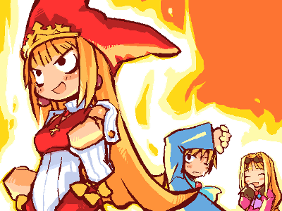 cello (marl kingdom), crea rosenqueen, princess kururu, little princess, marl kingdom, nippon ichi, lowres, 1boy, 2girls, angry, aura, blonde hair, bow, fire, hat, multiple girls, one eye closed, orange hair, wink