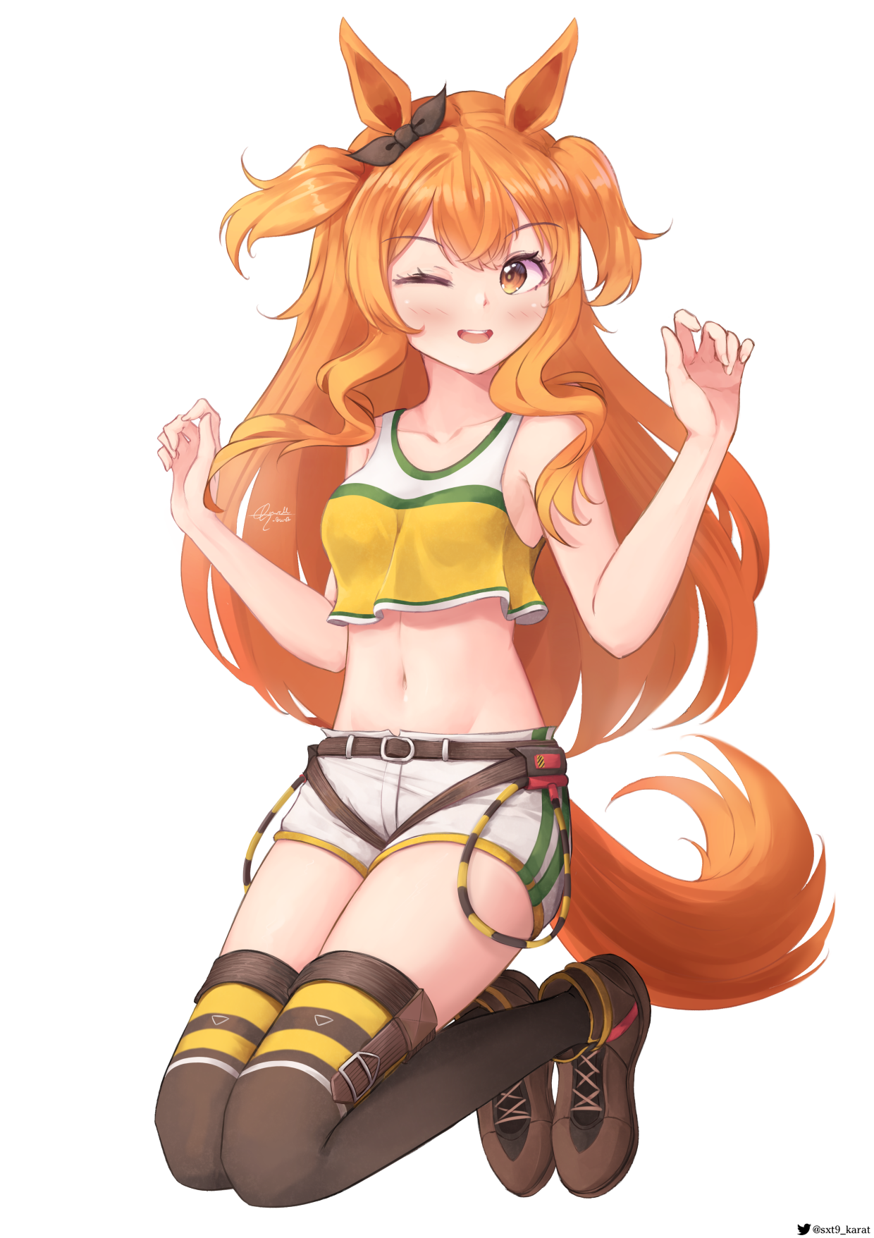 d.birb, mayano top gun (scramble zone) (umamusume), mayano top gun (umamusume), umamusume, commentary, highres, 1girl, ;d, animal ears, belt, blush, bow, breasts, brown belt, brown ribbon, brown shoes, brown thighhighs, collarbone, crop top, dog tags, ear bow, ear ribbon, english text, full body, hands up, horse ears, horse girl, horse tail, kneeling, long hair, long sleeves, looking at viewer, medium breasts, navel, one eye closed, open mouth, orange eyes, orange hair, orange tail, ribbon, shirt, shoes, short shorts, shorts, signature, simple background, smile, solo, stomach, tail, teeth, thighhighs, twitter username, two side up, upper teeth only, white background, white shorts