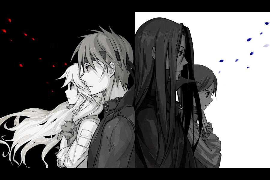 jan (12885), cleo everlastin, leki, lottesia clewbustar, orphen, uys els ito egum ed gorgon, majutsushi orphen, bad id, bad pixiv id, 2boys, 2girls, greyscale, headband, long hair, monochrome, multiple boys, multiple girls