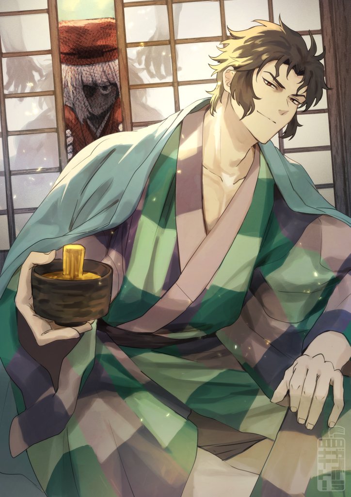 teria (teriarian), hijikata toshizou (fate), sen no rikyu (fate), fate/grand order, fate (series), 1boy, 1girl, black hair, checkered clothes, checkered kimono, cup, food, grey hair, hat, japanese clothes, kimono, light smile, shaded face, shouji, sliding doors, takuan, yunomi