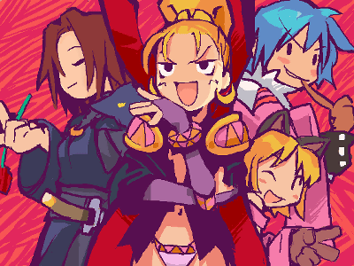 myao, crowdia, gao (marl kingdom), gao (rhapsody), marjoly, myao (marl kingdom), marl kingdom, nippon ichi, puppet princess (marl kingdom), lowres, 4girls, :d, ;d, bikini, blonde hair, blue hair, blush, blush stickers, bridal gauntlets, brown gloves, brown hair, cape, closed eyes, earrings, flower, gloves, high ponytail, jewelry, laughing, long sleeves, looking at viewer, multiple girls, navel, one eye closed, open mouth, panties, pink panties, ponytail, purple bridal gauntlets, purple gloves, red background, revealing clothes, short hair, simple background, smile, solid oval eyes, standing, swimsuit, underwear, v, wink, witch