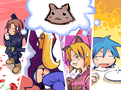myao, crowdia, gao (marl kingdom), gao (rhapsody), marjoly, myao (marl kingdom), nyanko (marl kingdom), marl kingdom, nippon ichi, puppet princess (marl kingdom), lowres, 4girls, animal ears, ankle boots, ass, bikini, black bikini, blonde hair, blue hair, boots, brown hair, cat, cathead, drooling, flower, high ponytail, imagining, long hair, multiple girls, o o, petals, plate, ponytail, revealing clothes, saliva, sleeping, speech bubble, sweatdrop, swimsuit, thong bikini, thought bubble, witch