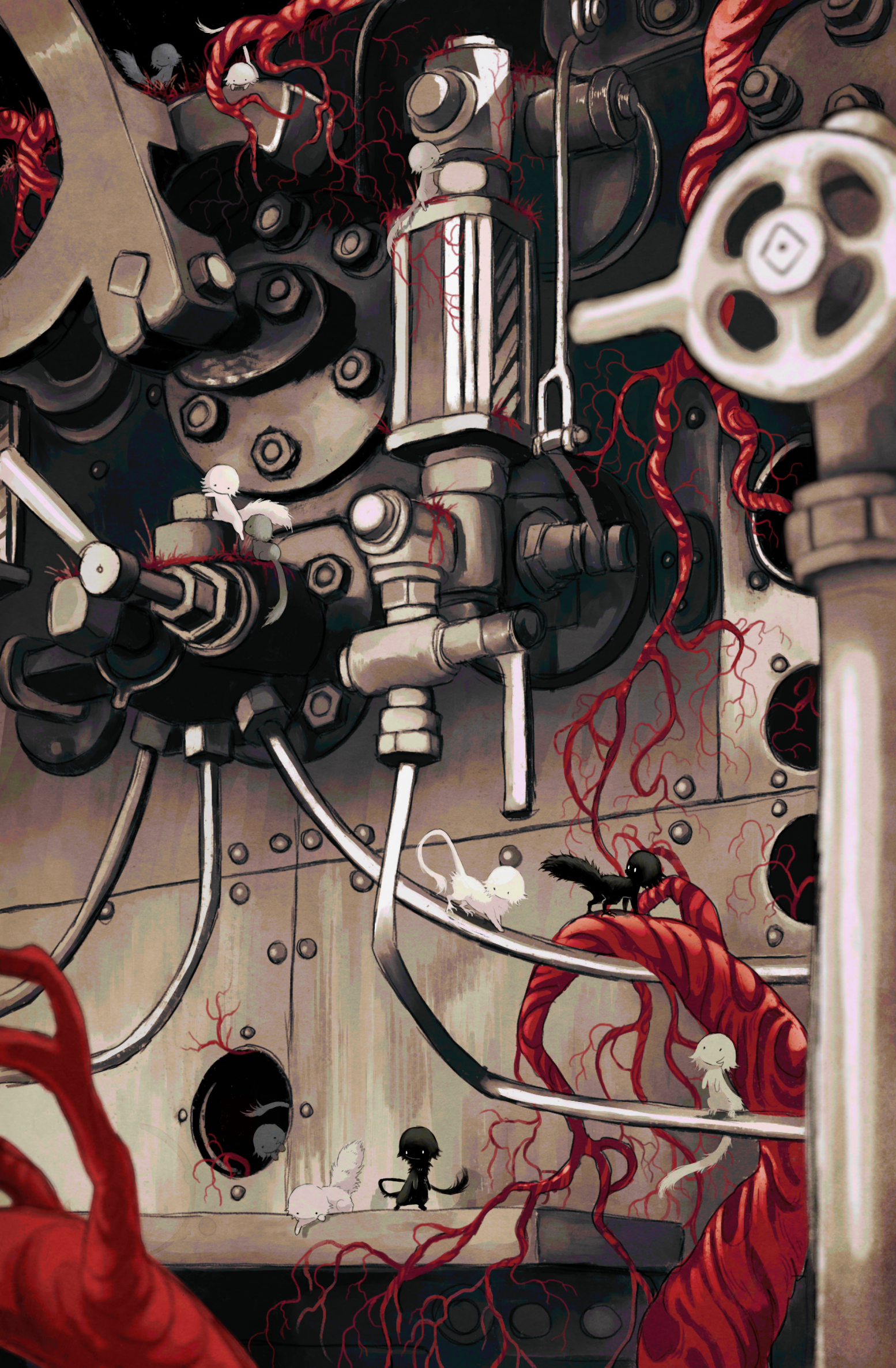 jejejunum, secret (jejejunum), original, highres, black fur, black tail, creature, creature focus, hole, indoors, machinery, no humans, plant roots, scenery, valve, white fur, white tail