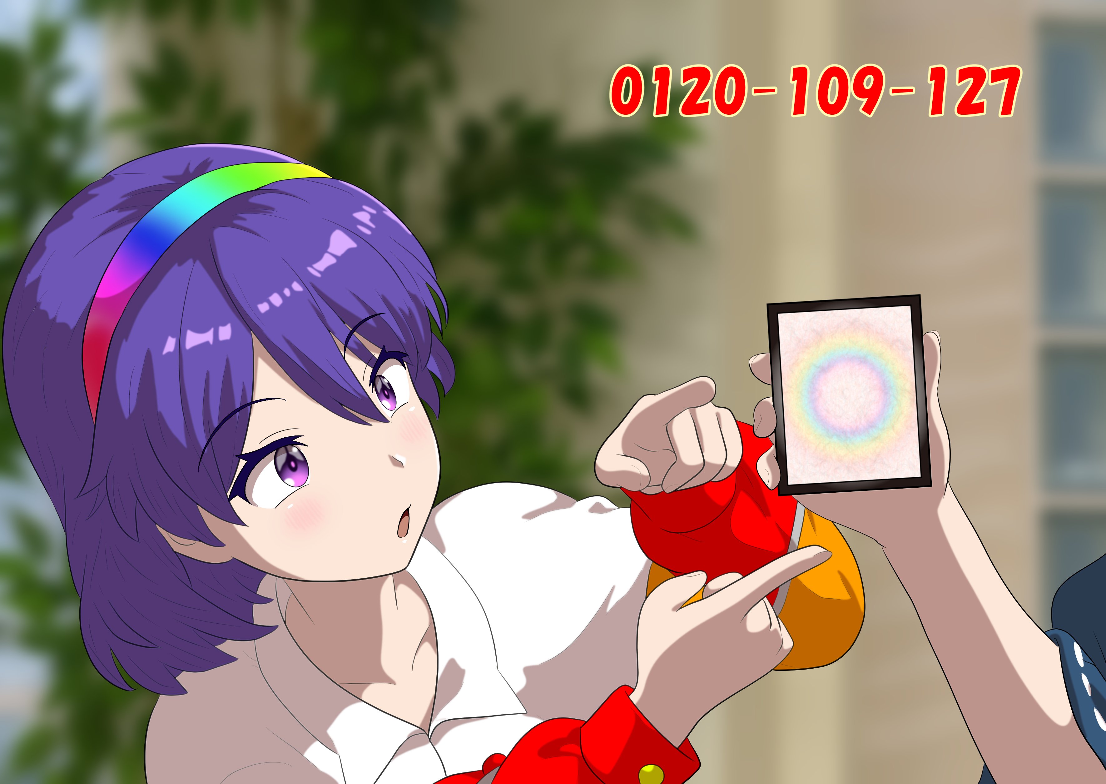 lunalunachild, iizunamaru megumu, tenkyuu chimata, touhou, absurdres, highres, 1girl, 2girls, ability card (touhou), blurry, blurry background, hairband, long sleeves, multicolored hairband, multiple girls, open mouth, outdoors, pink eyes, pointy ears, purple hair, rainbow, short hair, solo, solo focus, upper body