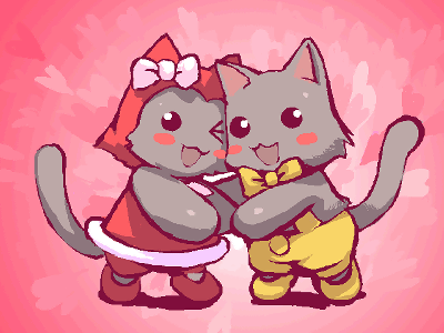 nyanko (marl kingdom), pekonyan, pokonyan (marl kingdom), marl kingdom, nippon ichi, lowres, 1boy, 1girl, :3, :d, ;d, black eyes, blush stickers, bow, bowtie, cat, couple, dress, face-to-face, heart, heart background, hetero, hood, hug, looking at viewer, naked overalls, oekaki, one eye closed, open mouth, overalls, pink background, pink theme, shoes, smile, standing, wink