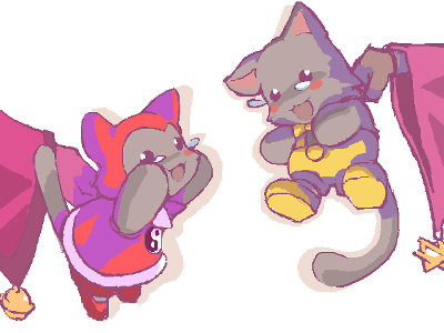 nyanko (marl kingdom), pekonyan, pokonyan (marl kingdom), marl kingdom, nippon ichi, lowres, :3, :d, bdsm, bell, black eyes, blush stickers, bondage, bound, bow, bowtie, cat, chibikemo, couple, dress, eye contact, gloves, hetero, hexagram, hood, jingle bell, leaning forward, looking at another, naked overalls, no humans, oekaki, open mouth, outstretched arms, overalls, reading, shadow, shoes, simple background, smile, star of david, suspension, tears, white background, wide sleeves, yin yang