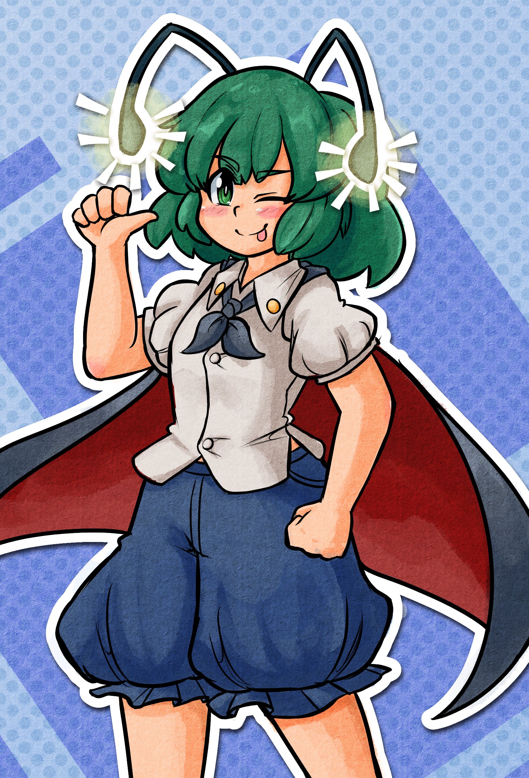 mcsquiddies, wriggle nightbug, touhou, absurdres, commentary, english commentary, highres, 1girl, ;p, antennae, black cape, blue background, blue shorts, blush, cape, glowing, green eyes, green hair, looking at viewer, one eye closed, outline, pointing, pointing at self, polka dot, polka dot background, shirt, short hair, short sleeves, shorts, solo, tongue, tongue out, white outline, white shirt