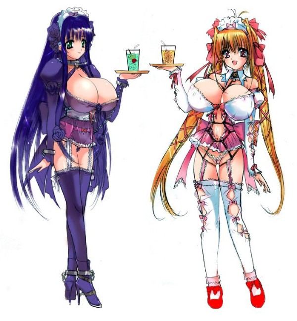q azieru, 2girls, bdsm, blue hair, bondage, bound, bow, breasts, cleavage, collar, cuffs, detached collar, drink, elbow gloves, flower, garter belt, gloves, green eyes, high heels, huge breasts, lingerie, long hair, maid, maid headdress, multiple girls, open mouth, orange hair, red eyes, shibari, shoes, simple background, slave, smile, thighhighs, underwear, very long hair, white background