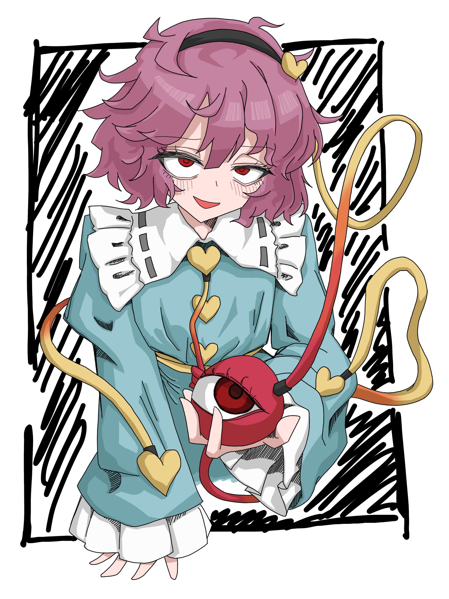 barikin tenshi, komeiji satori, touhou, commentary request, highres, 1girl, :d, black hairband, blush, hairband, heart, long sleeves, looking at viewer, messy hair, open mouth, red eyes, short hair, smile, solo, third eye, upper body