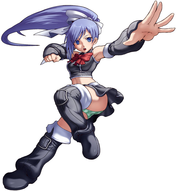 caryo, tabigarasu, yuri (quiz magic academy), quiz magic academy, 1girl, armpits, blue eyes, blue hair, detached sleeves, female focus, foreshortening, long hair, matching hair/eyes, midriff, panties, pantyshot, ponytail, solo, striped clothes, striped panties, thighhighs, underwear
