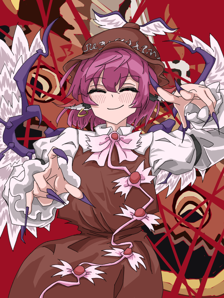 barikin tenshi, mystia lorelei, touhou, variant set, 1girl, animal ear piercing, animal ears, bird ears, bird girl, bird wings, blush, brown dress, brown hat, closed eyes, closed mouth, dress, facing viewer, fingernails, hat, juliet sleeves, long fingernails, long sleeves, mob cap, musical note, open mouth, pink hair, puffy sleeves, purple nails, red background, short hair, simple background, smile, solo, white wings, winged hat, wings