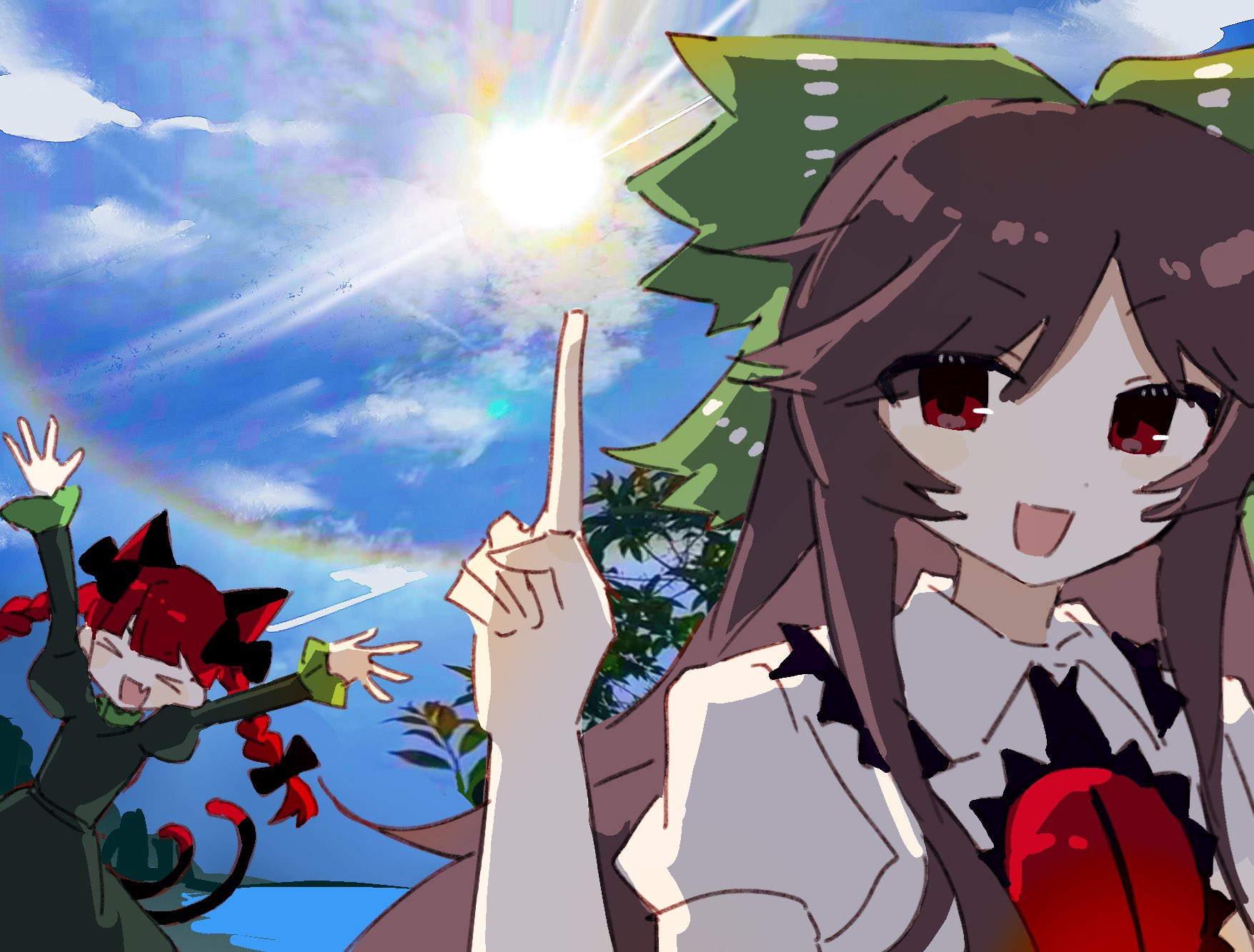 wusem0108, kaenbyou rin, reiuji utsuho, touhou, hashtag-only commentary, highres, > <, 2girls, animal ears, blue sky, bow, braid, brown hair, cat ears, cat girl, cat tail, closed mouth, dress, extra ears, fang, green bow, green dress, hair bow, index finger raised, long hair, looking at viewer, multiple girls, multiple tails, open mouth, outdoors, red eyes, red hair, side braids, sidelocks, skin fang, sky, sun, tail, third eye, twin braids, two tails, upper body