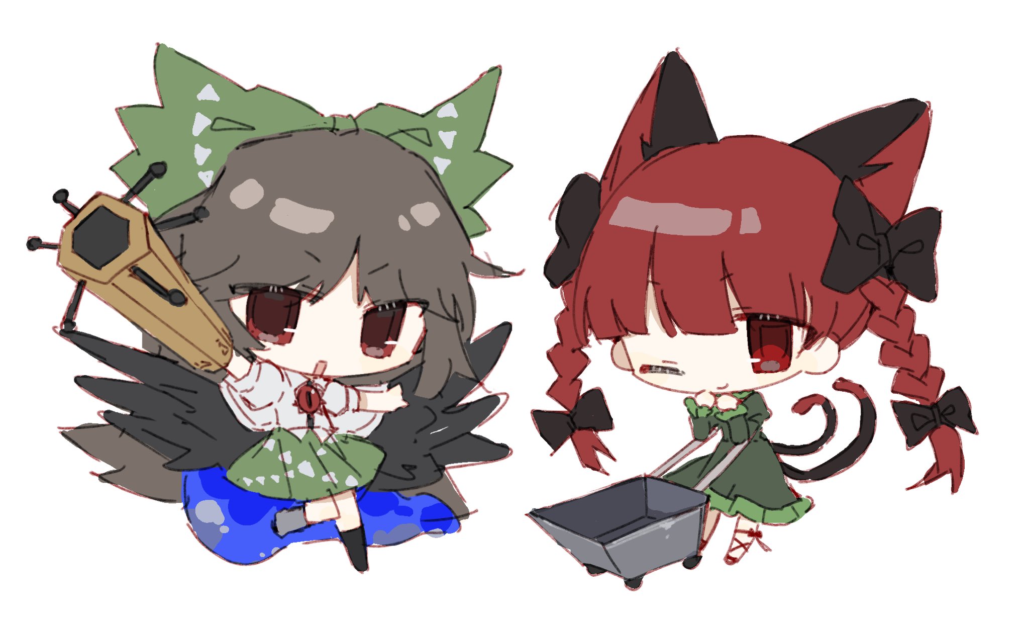 wusem0108, kaenbyou rin, reiuji utsuho, touhou, hashtag-only commentary, highres, 2girls, animal ears, arm cannon, bird wings, black wings, blunt bangs, braid, brown hair, cat ears, cat girl, cat tail, chibi, dress, extra ears, full body, green dress, green skirt, long hair, looking at viewer, multiple girls, multiple tails, one eye closed, red eyes, shirt, side braids, simple background, skirt, tail, third eye, twin braids, two tails, weapon, wheelbarrow, white background, white shirt, wings