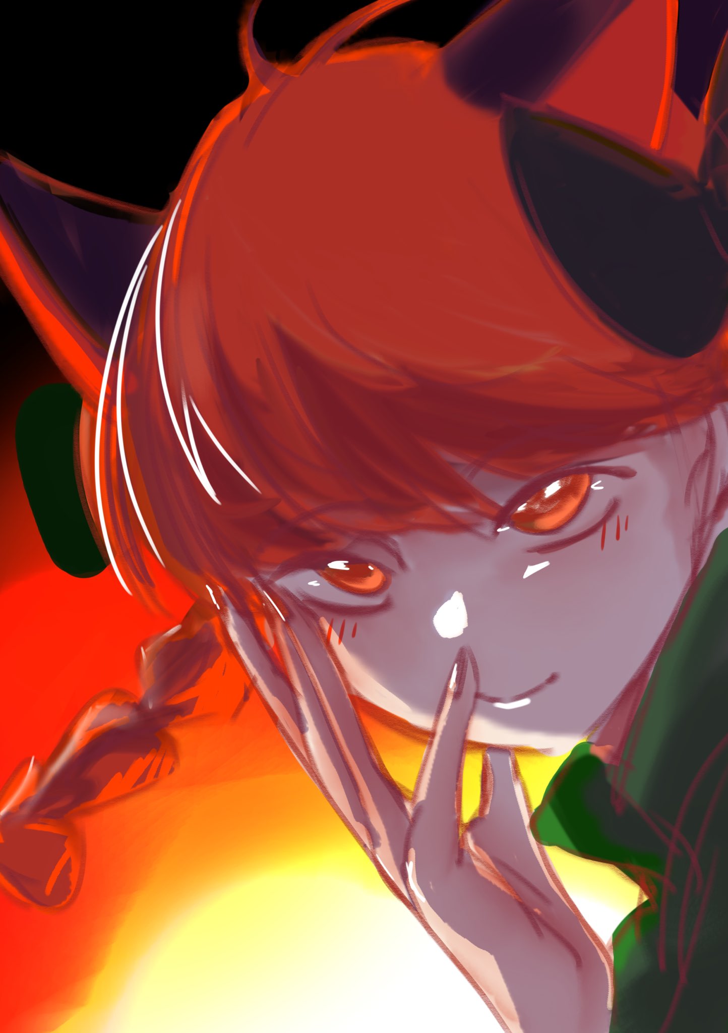 kaenbyou rin, touhou, highres, 1girl, black bow, bow, braid, closed mouth, hair bow, hand on own face, looking at viewer, portrait, red eyes, red hair, smile, solo, uwaa arigatou