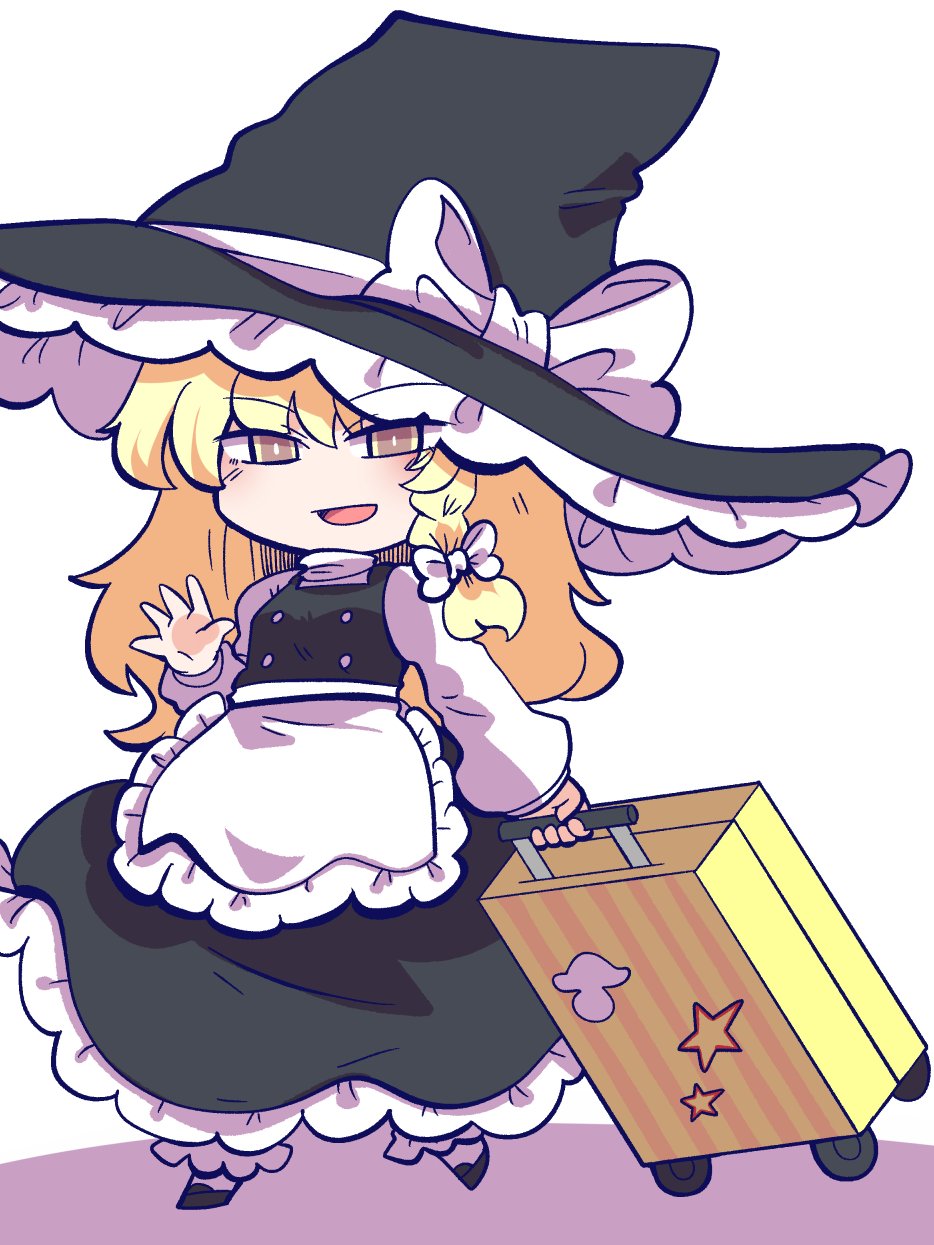 chahan (fried rice0614), kirisame marisa, touhou, commentary request, highres, 1girl, :d, apron, black dress, black hat, black shoes, blonde hair, bow, braid, dress, full body, hat, long hair, looking at viewer, open mouth, shoes, side braid, single braid, smile, solo, waist apron, white apron, white bow, witch hat, yellow eyes