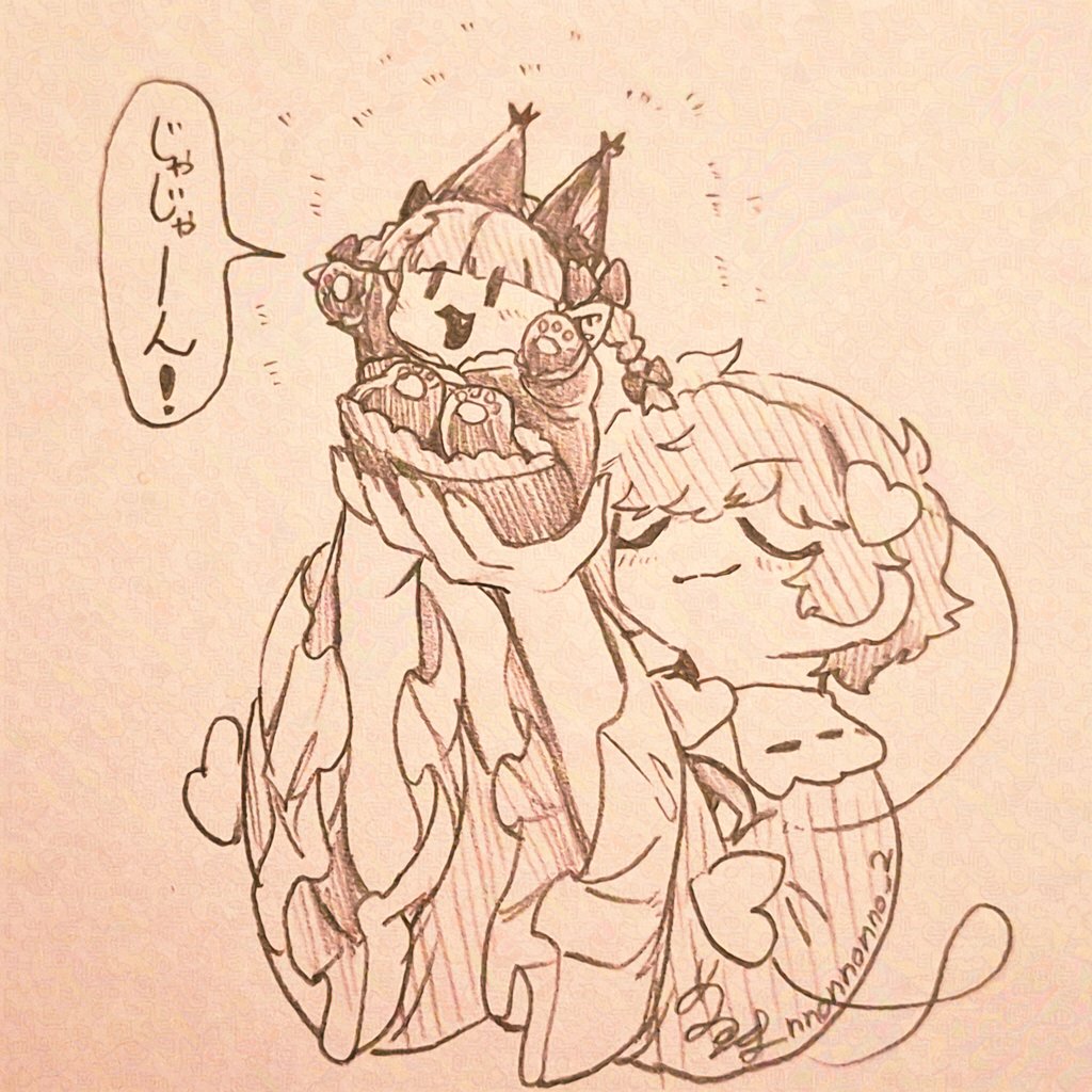 menotama, kaenbyou rin, komeiji satori, touhou, commentary request, traditional media, translation request, 2girls, animal ears, cat ears, cat girl, closed eyes, closed mouth, extra ears, fang, hairband, heart, long sleeves, monochrome, multiple girls, pointy ears, short hair, signature, speech bubble, third eye