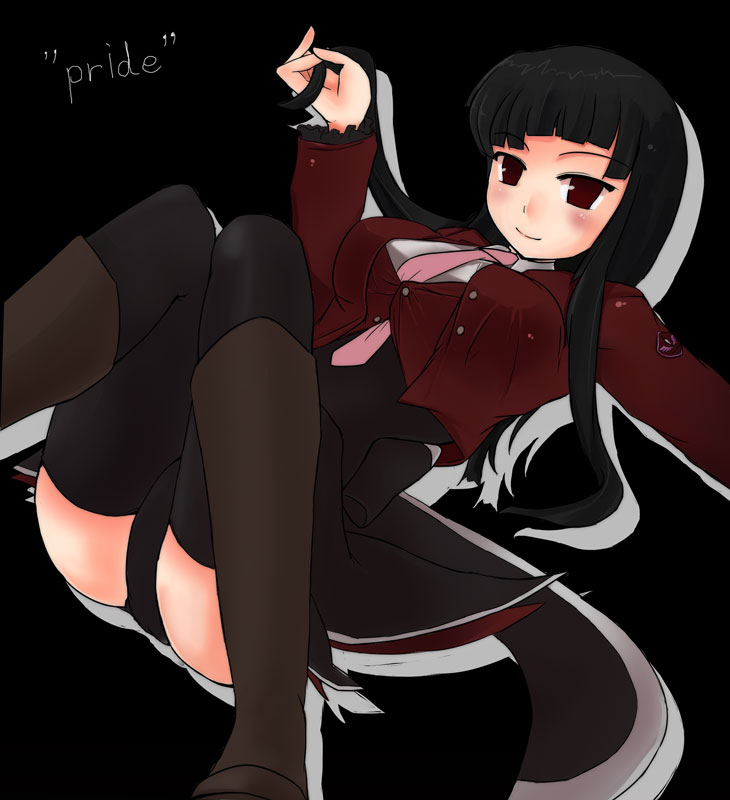 murakata, lucifer (umineko), umineko no naku koro ni, bad id, bad pixiv id, 00s, 1girl, black hair, female focus, necktie, pink necktie, showgirl skirt, solo, thighhighs