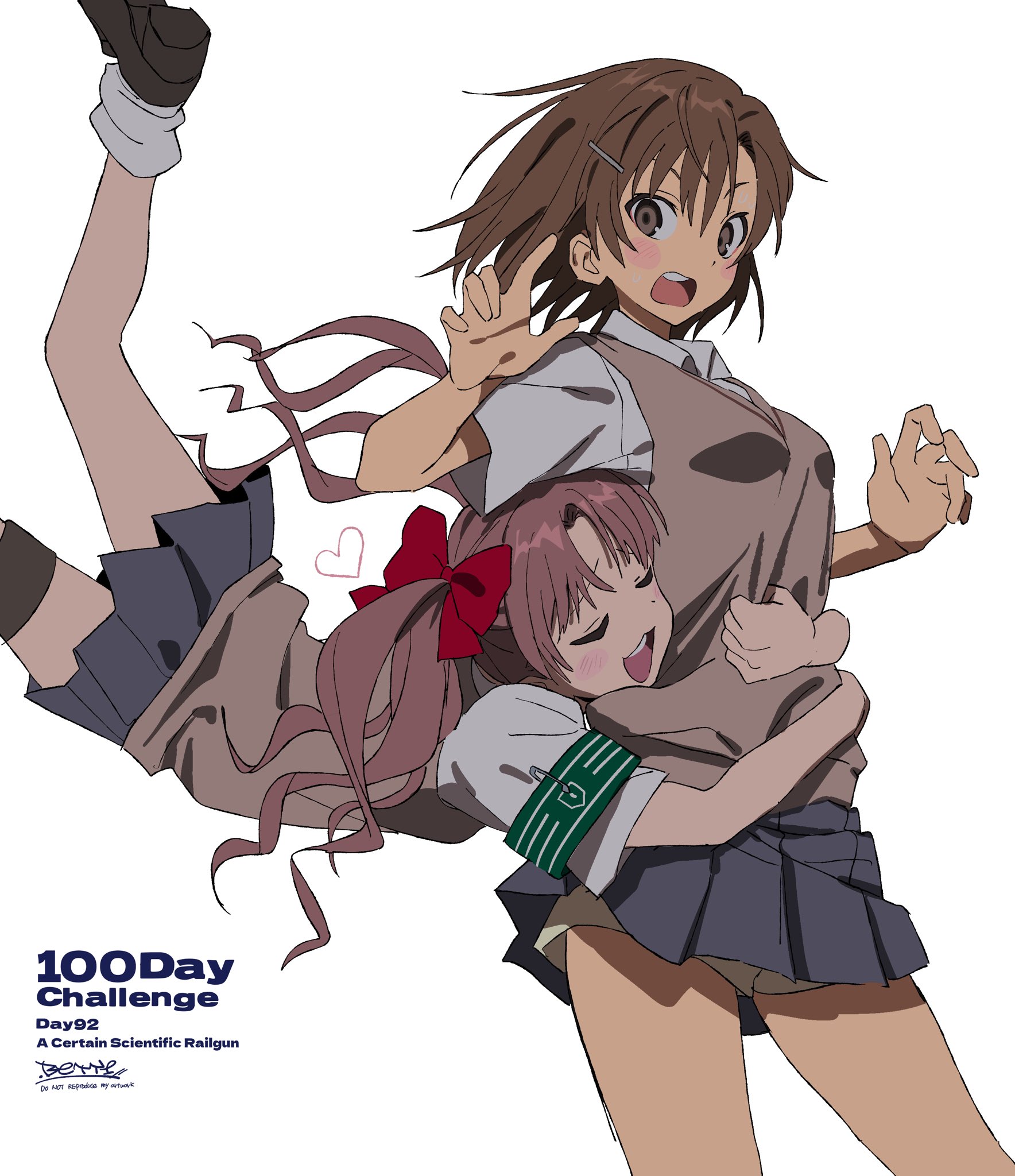 betti (xx betti), misaka mikoto, shirai kuroko, toaru kagaku no railgun, toaru majutsu no index, highres, 2girls, bow, brown eyes, brown hair, brown sweater vest, collared shirt, copyright name, grey skirt, hair bow, hair ornament, hairclip, heart, hug, hug from behind, judgement armband (toaru), loafers, long hair, medium hair, miniskirt, multiple girls, pleated skirt, red bow, school uniform, shirt, shoes, short sleeves, signature, skirt, summer uniform, surprised, sweater vest, tokiwadai school uniform, twintails, v-neck, white background, white shirt, yuri