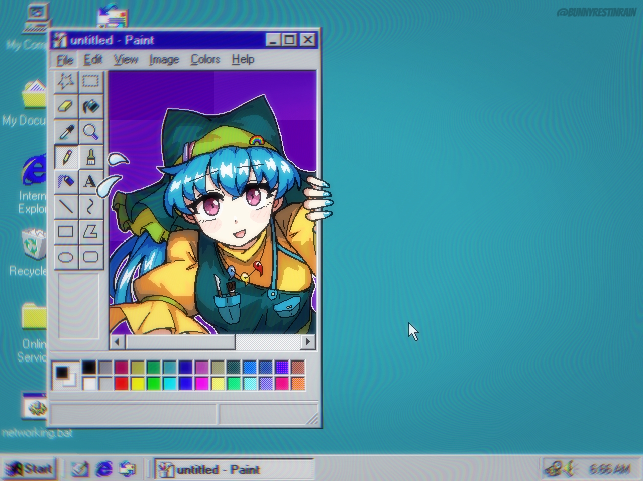 sleepymoon, haniyasushin keiki, touhou, commentary, english commentary, 1girl, :d, apron, blue hair, cursor, english text, flying sweatdrops, green apron, green hat, hat, headscarf, long hair, looking at viewer, open mouth, paint.net (medium), pink eyes, purple background, rainbow hat ornament, short sleeves, simple background, smile, solo, twitter username, upper body, user interface