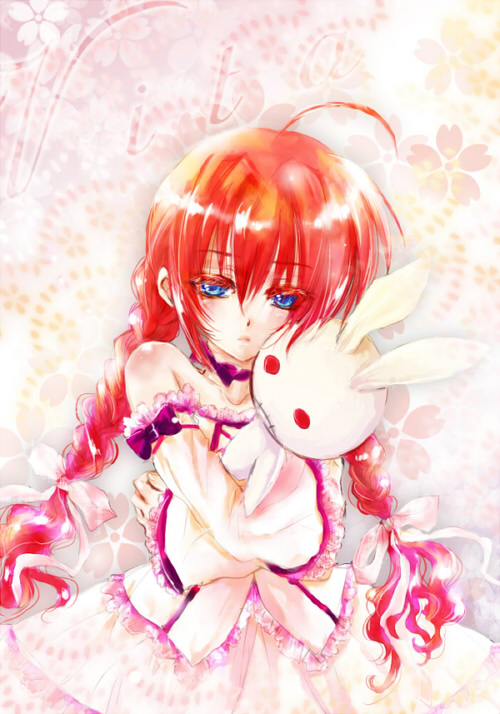 hai yoru, vita (nanoha), lyrical nanoha, mahou shoujo lyrical nanoha, bad id, bad pixiv id, 00s, 1girl, ahoge, bare shoulders, blue eyes, bow, braid, character name, choker, dress, female focus, floral background, frills, hair bow, hug, long hair, long sleeves, red hair, solo, stitched mouth, stitches, stuffed animal, stuffed rabbit, stuffed toy, twin braids, twintails, upper body