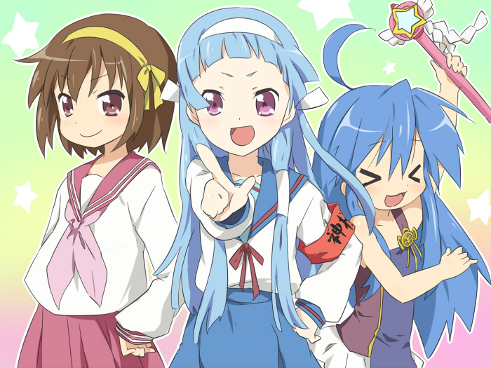 maruki (punchiki), hirano aya, izumi konata, nagi, suzumiya haruhi, kannagi, lucky star, suzumiya haruhi no yuuutsu, bad id, bad pixiv id, > <, 3girls, ahoge, blue hair, brown hair, closed eyes, cosplay, costume switch, hair tubes, long hair, multiple girls, nagi (cosplay), school uniform, serafuku, short hair, suzumiya haruhi (cosplay), voice actor connection