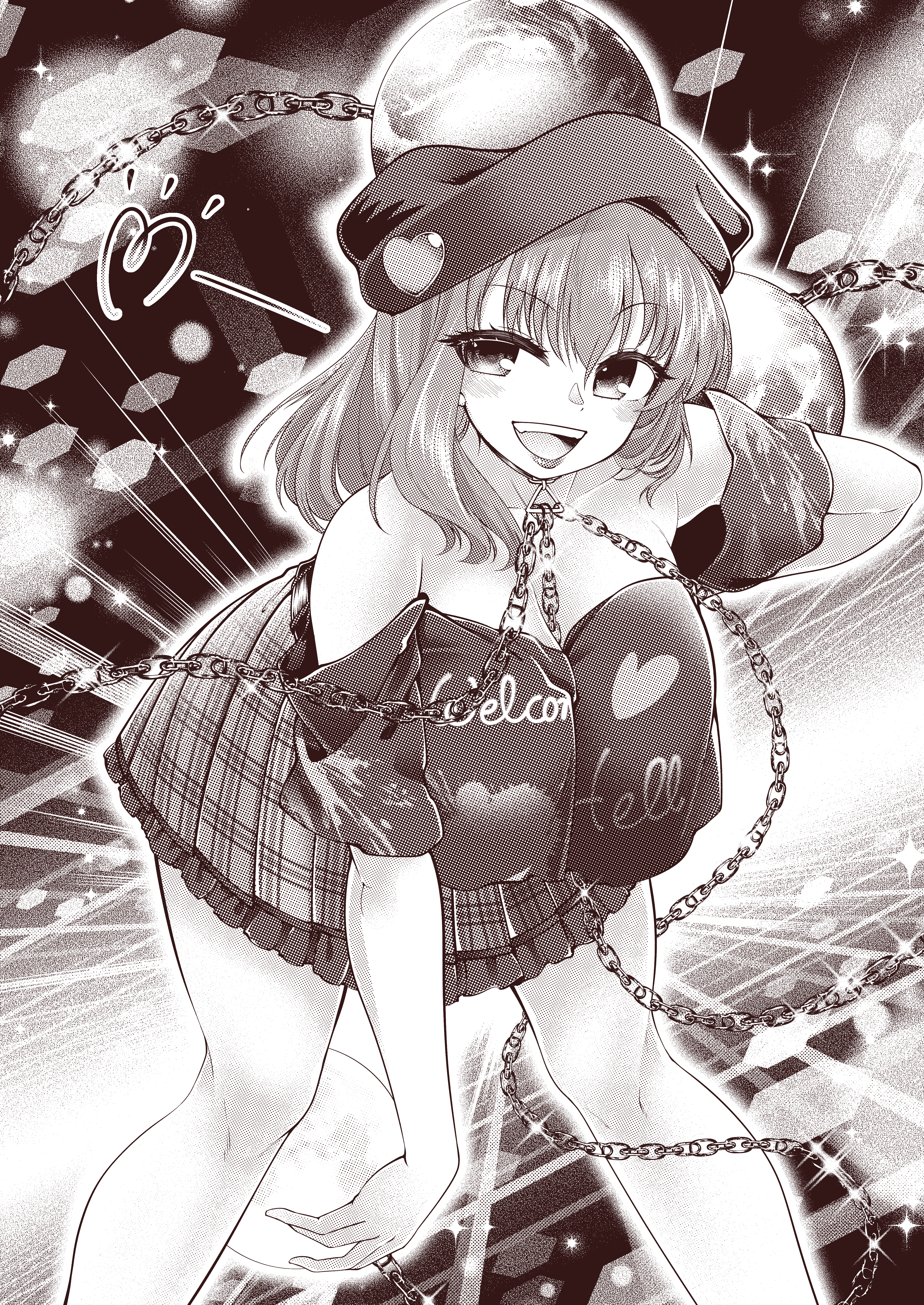 0-den, hecatia lapislazuli, touhou, absurdres, highres, 1girl, :d, bare shoulders, breasts, chain, clothes writing, emphasis lines, feet out of frame, frilled skirt, frills, greyscale, heart, large breasts, leaning forward, looking at viewer, medium hair, monochrome, off shoulder, open mouth, plaid clothes, plaid skirt, skirt, smile, solo