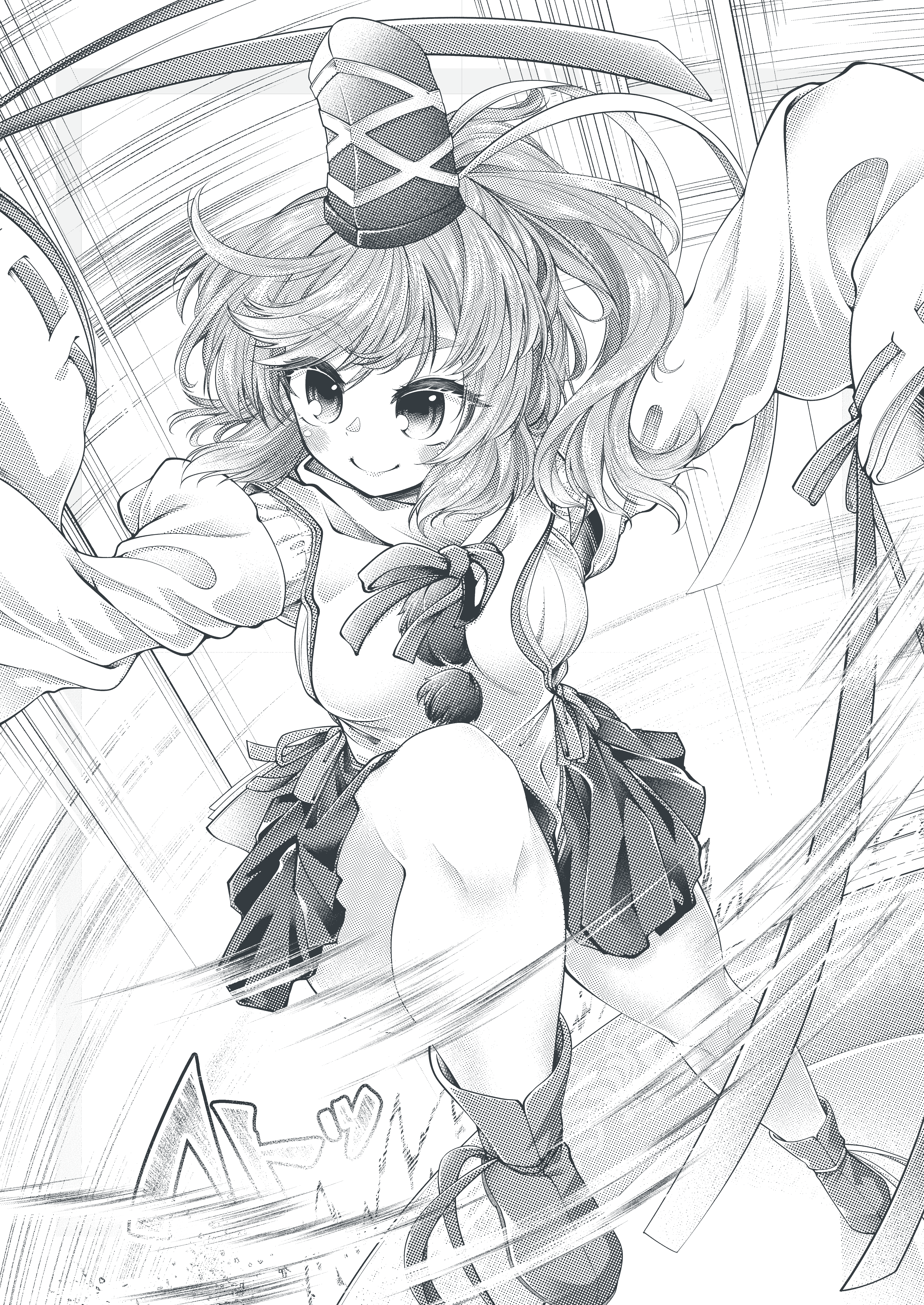 0-den, mononobe no futo, touhou, absurdres, highres, 1girl, blush, breasts, closed mouth, greyscale, hat, legs, long hair, medium breasts, monochrome, outstretched arms, pom pom (clothes), ponytail, ribbon-trimmed sleeves, ribbon trim, shoes, skirt, smile, solo, tate eboshi
