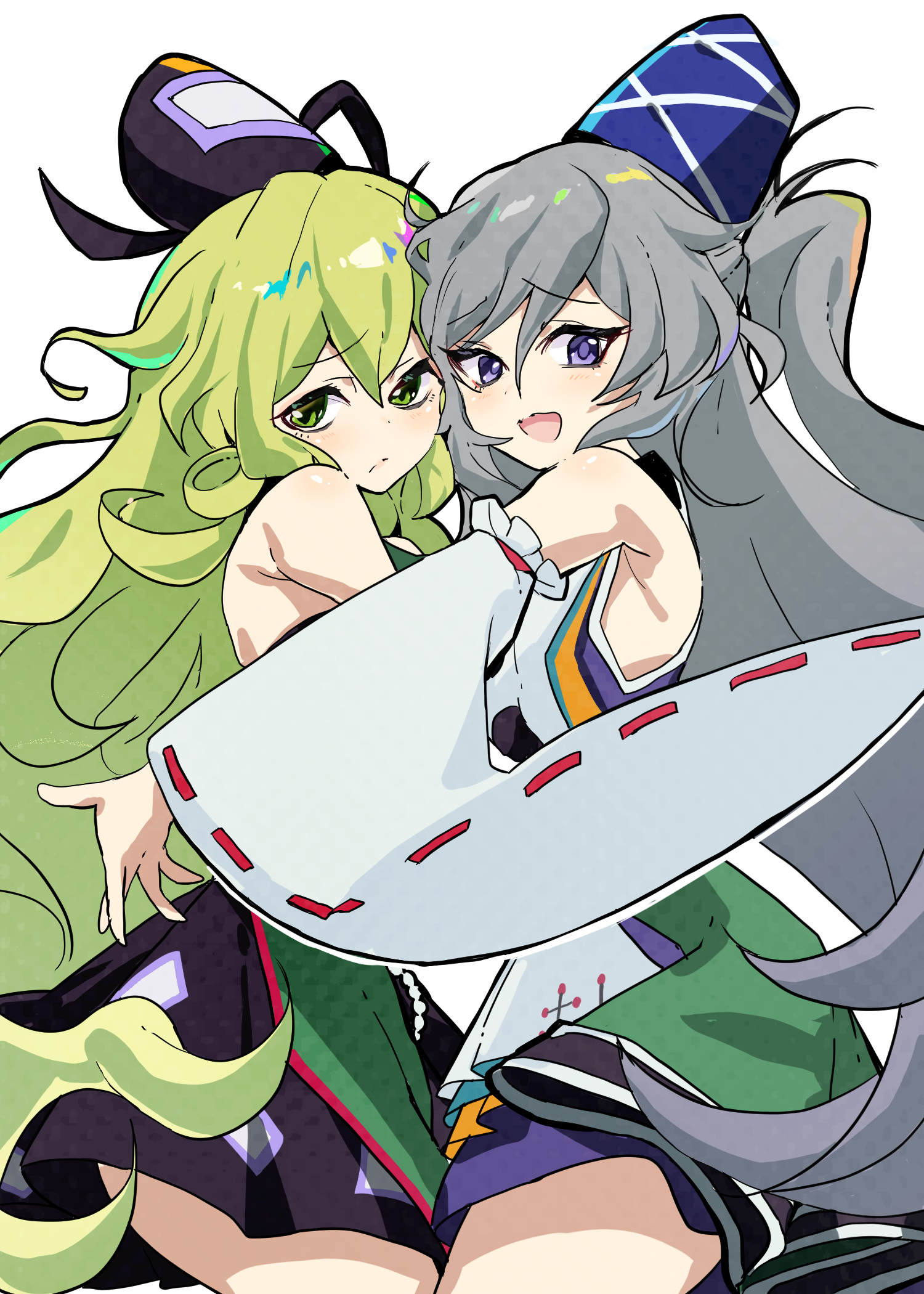 mononobe no futo, soga no tojiko, touhou, touhou lostword, commentary request, highres, 2girls, alternate hair length, alternate hairstyle, black hat, blue hat, blue skirt, detached sleeves, fang, green eyes, grey hair, hat, io16sii, japanese clothes, kariginu, long hair, looking at viewer, multiple girls, open mouth, ponytail, purple eyes, ribbon-trimmed sleeves, ribbon trim, simple background, skin fang, skirt, tate eboshi, very long hair, white background