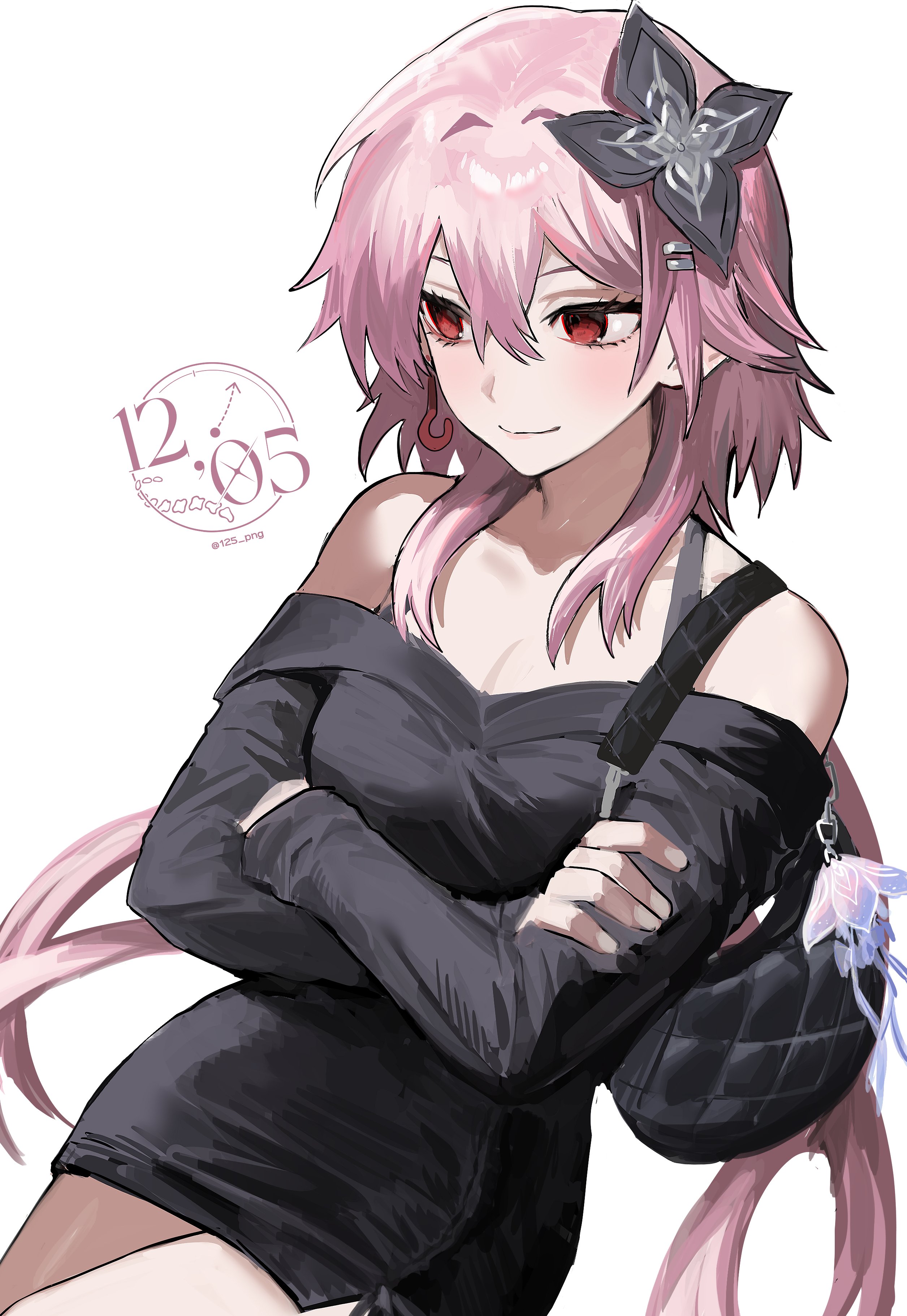 nongxy nonshi, evernight (honkai: star rail), march 7th (honkai: star rail), honkai: star rail, honkai (series), absurdres, hashtag-only commentary, highres, 1girl, alternate costume, bag, bare shoulders, black dress, breasts, cleavage, crossed arms, dress, flower, hair flower, hair ornament, handbag, large breasts, pink hair, red eyes, simple background, solo, thighs, twitter username, white background