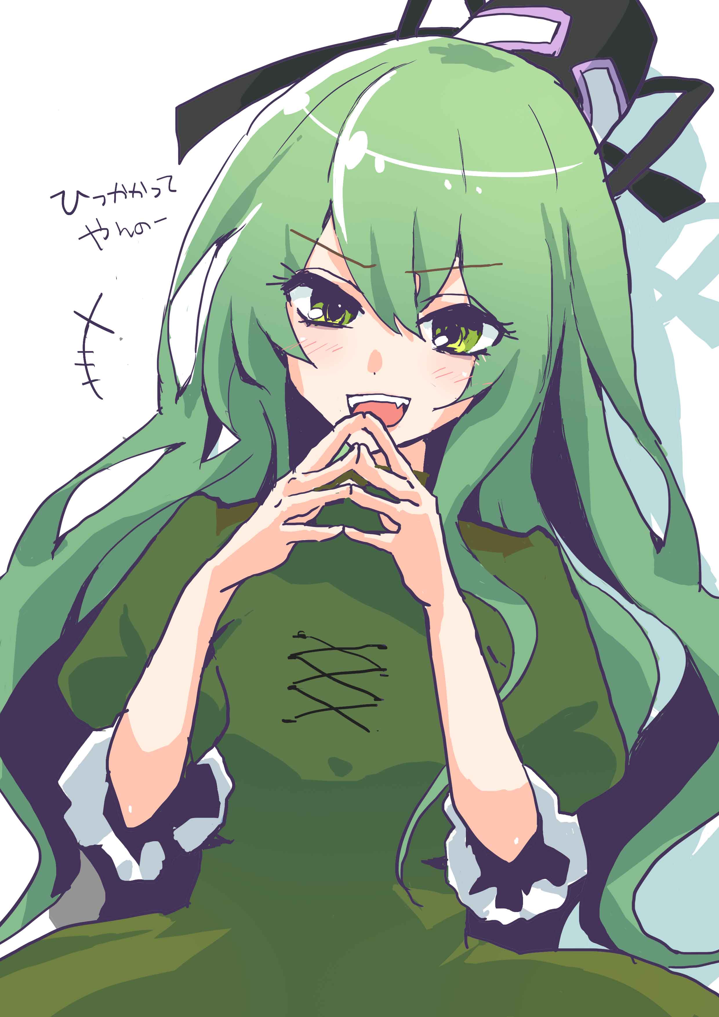 soga no tojiko, touhou, absurdres, commentary request, highres, translation request, 1girl, alternate hair length, alternate hairstyle, black hat, cross-laced clothes, green eyes, green hair, hat, io16sii, long hair, looking at viewer, ofuda, ofuda on clothes, own hands together, short sleeves, simple background, smile, solo, tate eboshi, teeth, upper teeth only, white background