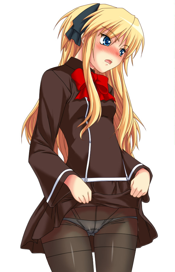 shichimenchou, shalon, quiz magic academy, 1girl, black pantyhose, blonde hair, blue eyes, blush, clothes lift, crotch seam, female focus, long hair, panties, panties under pantyhose, pantyhose, skirt, skirt lift, solo, thighband pantyhose, underwear, upskirt