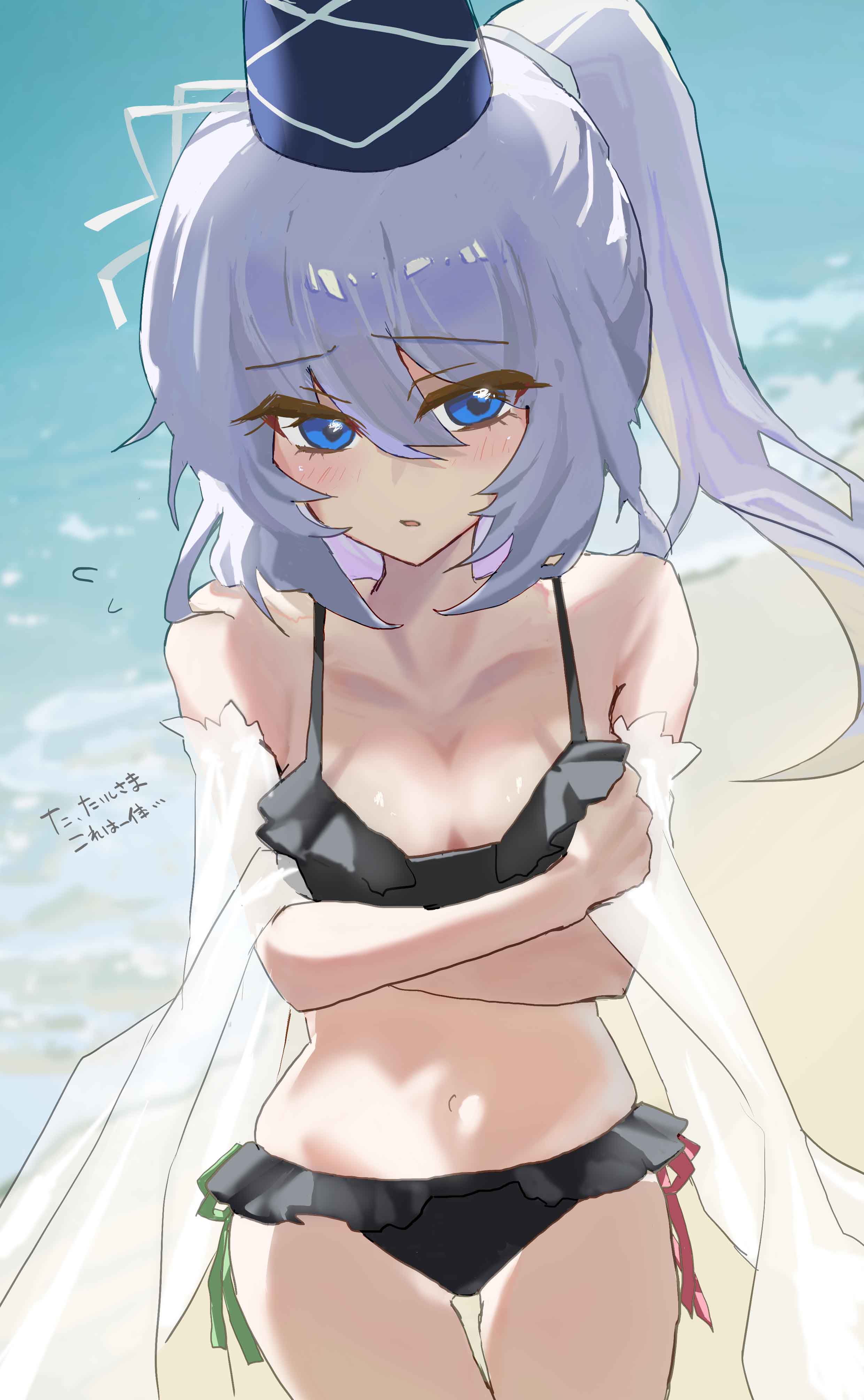 mononobe no futo, touhou, absurdres, commentary request, highres, translation request, 1girl, arms under breasts, beach, bikini, blue eyes, blue hat, blush, breasts, cleavage, closed mouth, crossed arms, flying sweatdrops, frilled bikini, frills, grey hair, hair between eyes, hat, io16sii, long hair, looking at viewer, navel, outdoors, ponytail, solo, swimsuit, tate eboshi