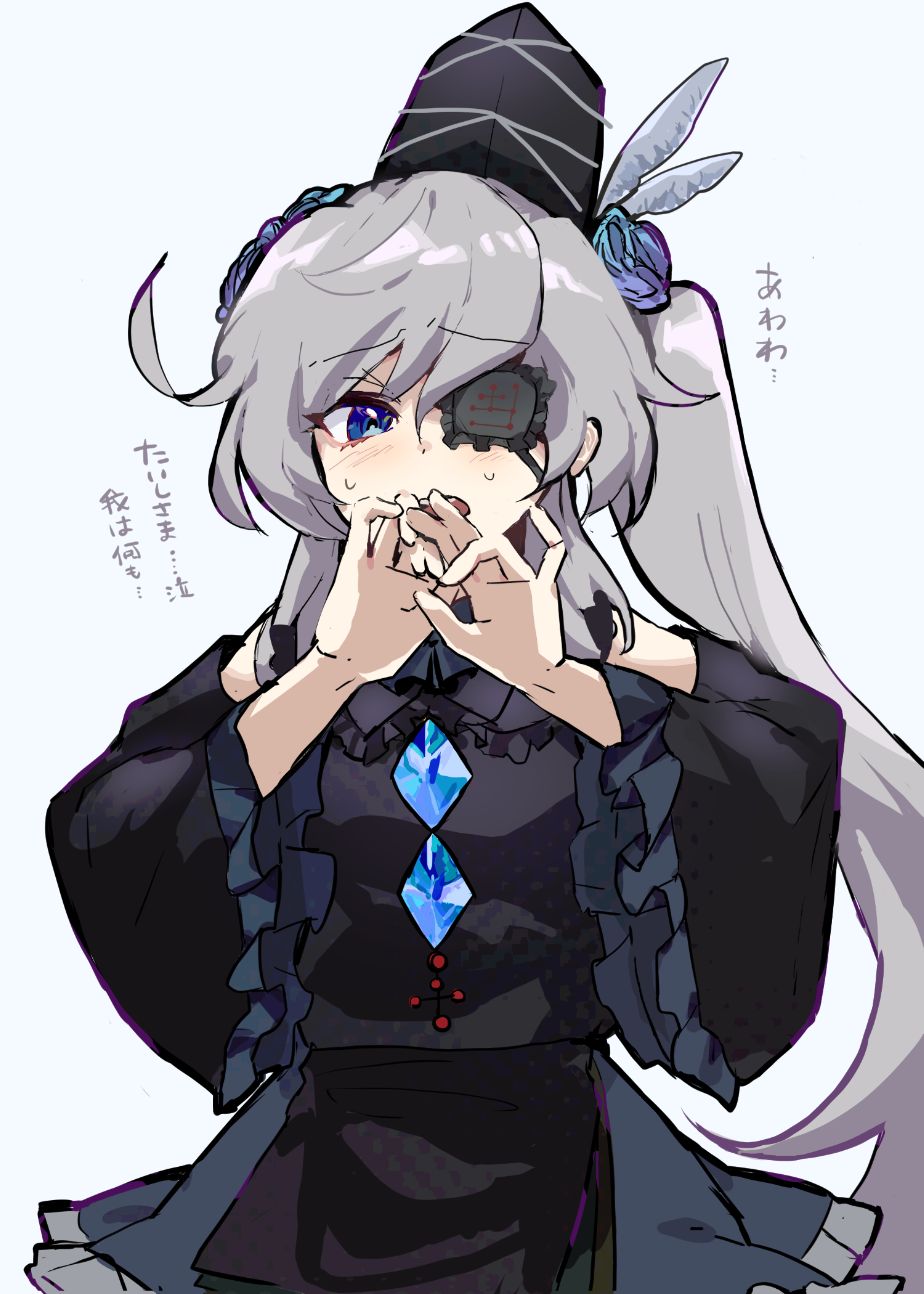 mononobe no futo, touhou, absurdres, highres, translation request, 1girl, alternate costume, black dress, black hat, blue eyes, dress, eyepatch, flower, grey hair, hair flower, hair ornament, hat, io16sii, long hair, long sleeves, looking at viewer, open mouth, ponytail, simple background, solo, sweat, tate eboshi, white background