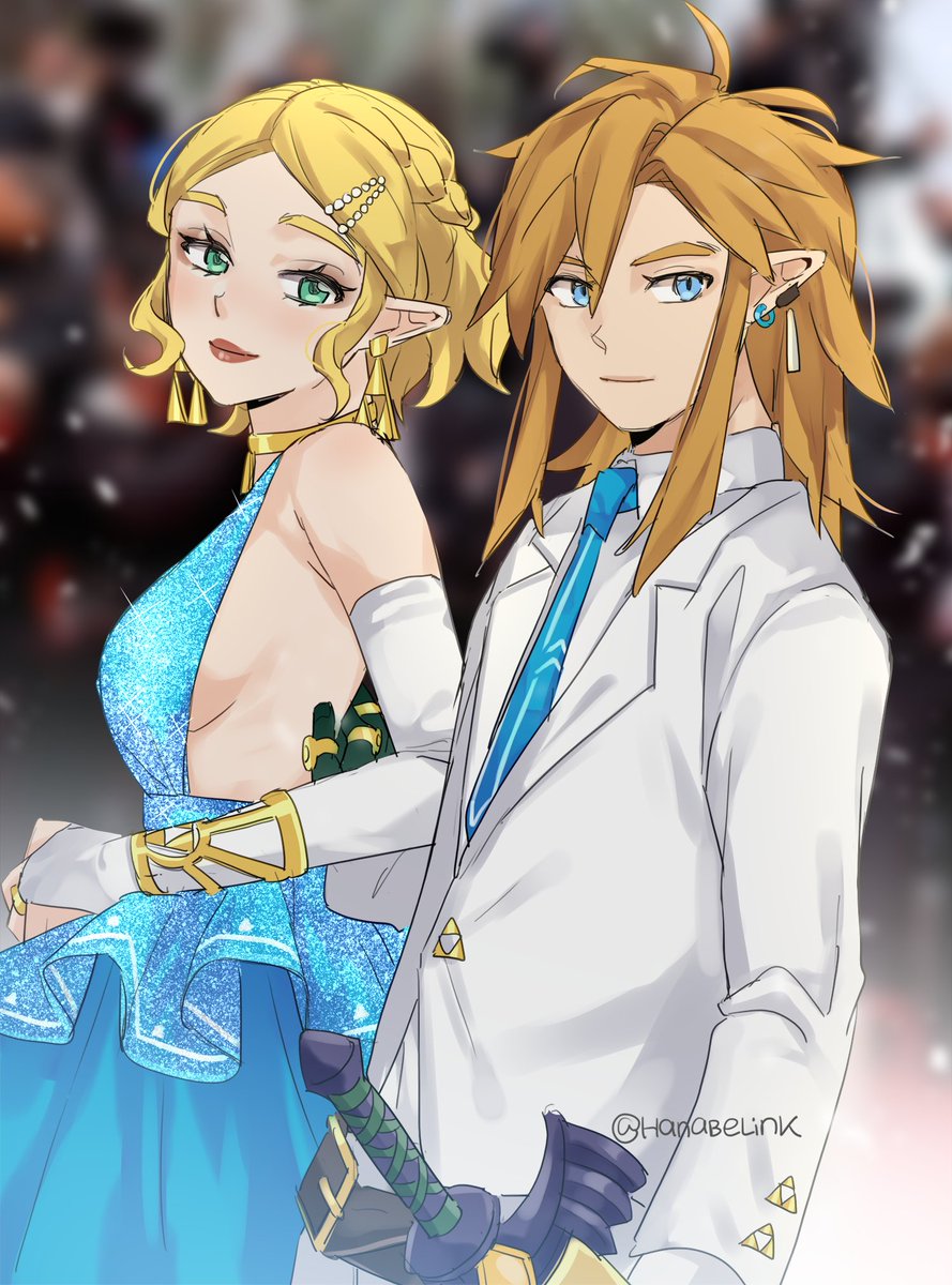 hanaberin, link, princess zelda, nintendo, the legend of zelda, the legend of zelda: breath of the wild, commentary, english commentary, highres, 1girl, alternate costume, alternate universe, blonde hair, blue dress, blue eyes, blue necktie, blurry, blurry background, braid, breasts, bridal gauntlets, closed mouth, contemporary, dress, earrings, green eyes, hair ornament, jewelry, light blush, lipstick, long hair, makeup, master sword, medium breasts, necktie, pointy ears, ponytail, prosthesis, sidelocks, triforce, twitter username, upper body, white bridal gauntlets