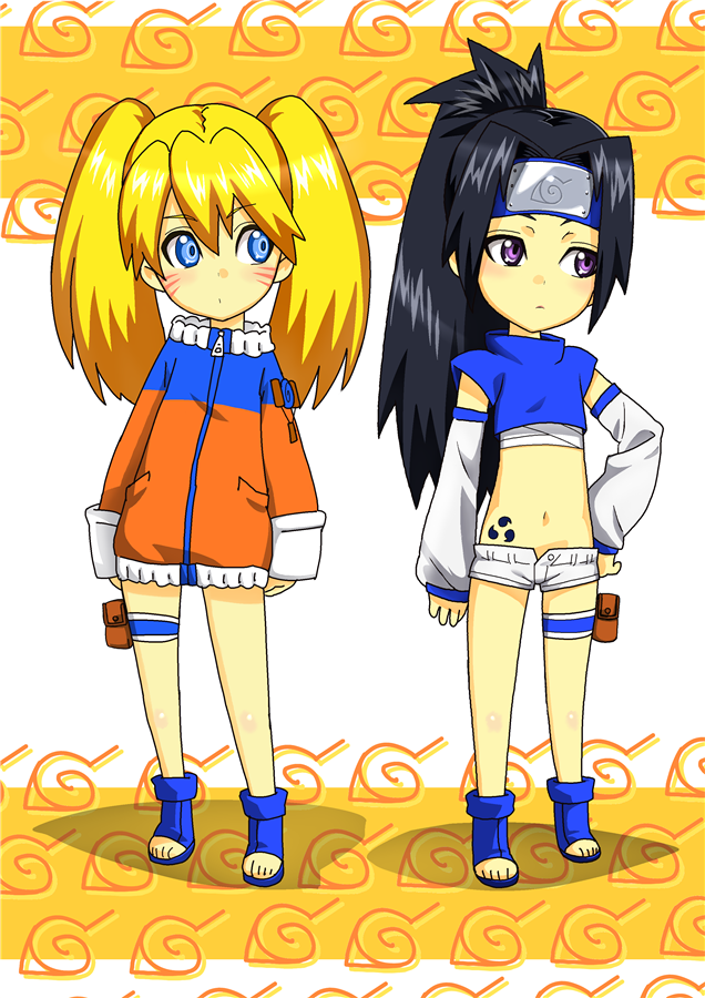 koube an, naruko (naruto), uchiha sasuke, uzumaki naruto, naruto (classic), naruto (series), looking away, 2girls, alternate eye color, arm warmers, bag, black hair, blonde hair, blue eyes, blue jacket, blue shirt, blush, breasts, chest wrap, closed mouth, curious, curse seal, expressionless, facial mark, facing viewer, forehead protector, full body, genderswap, genderswap (mtf), hair between eyes, hand on own hip, headband, high ponytail, jacket, konohagakure symbol, long hair, long sleeves, looking at another, looking to the side, micro shorts, midriff, multicolored jacket, multiple girls, navel, ninja, open fly, orange jacket, ponytail, purple eyes, sandals, sarashi, shadow, shirt, shorts, small breasts, standing, stomach tattoo, tattoo, thigh strap, twintails, unbuttoned, very long hair, whisker markings, whiskers, white jacket, wrappings, zipper, zipper pull tab