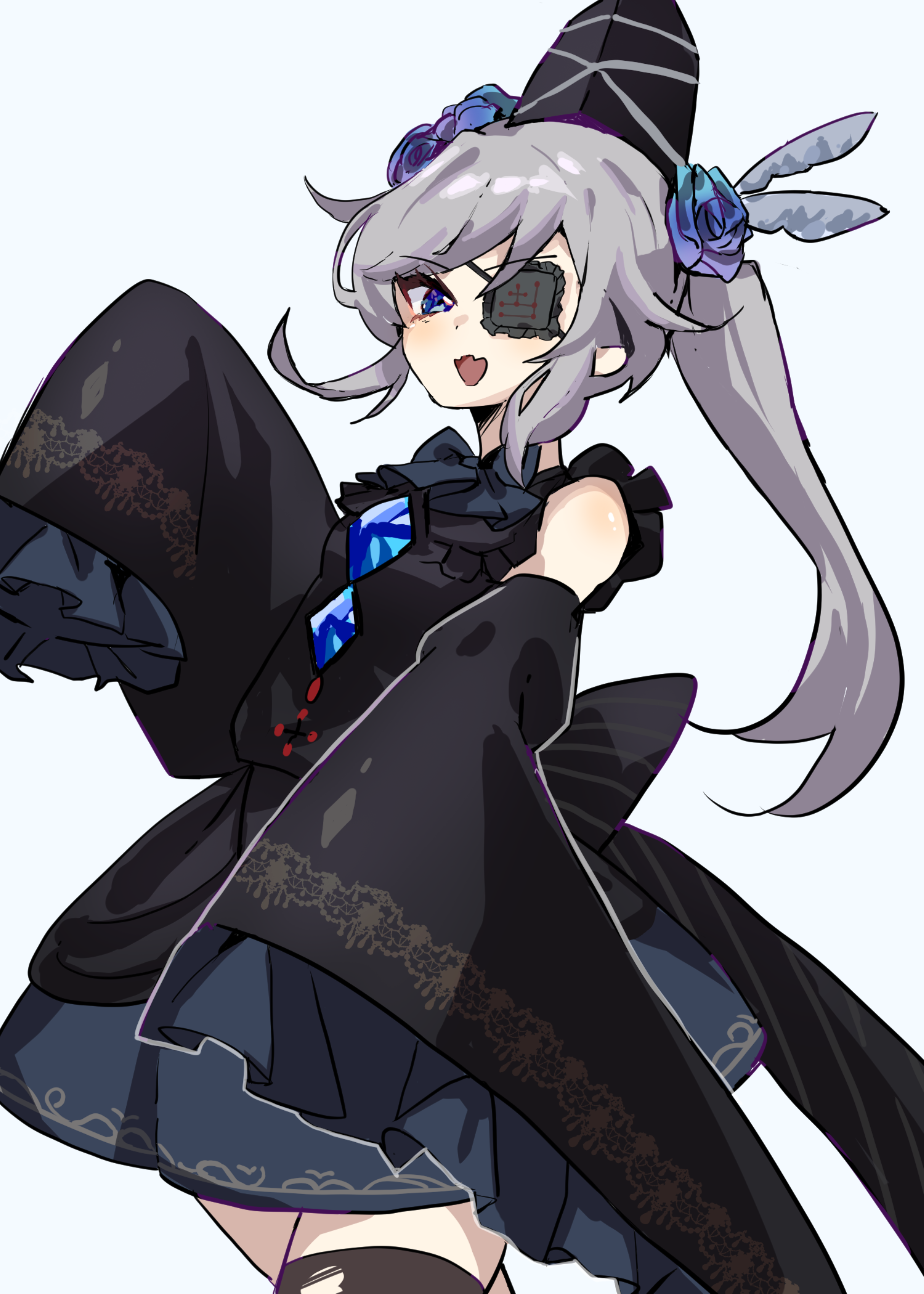 mononobe no futo, touhou, absurdres, commentary request, highres, 1girl, alternate costume, black dress, black hat, black thighhighs, blue eyes, blue flower, detached sleeves, dress, eyepatch, flower, grey hair, hair flower, hair ornament, hat, io16sii, long hair, looking at viewer, open mouth, ponytail, simple background, solo, tate eboshi, thighhighs, white background, wide sleeves