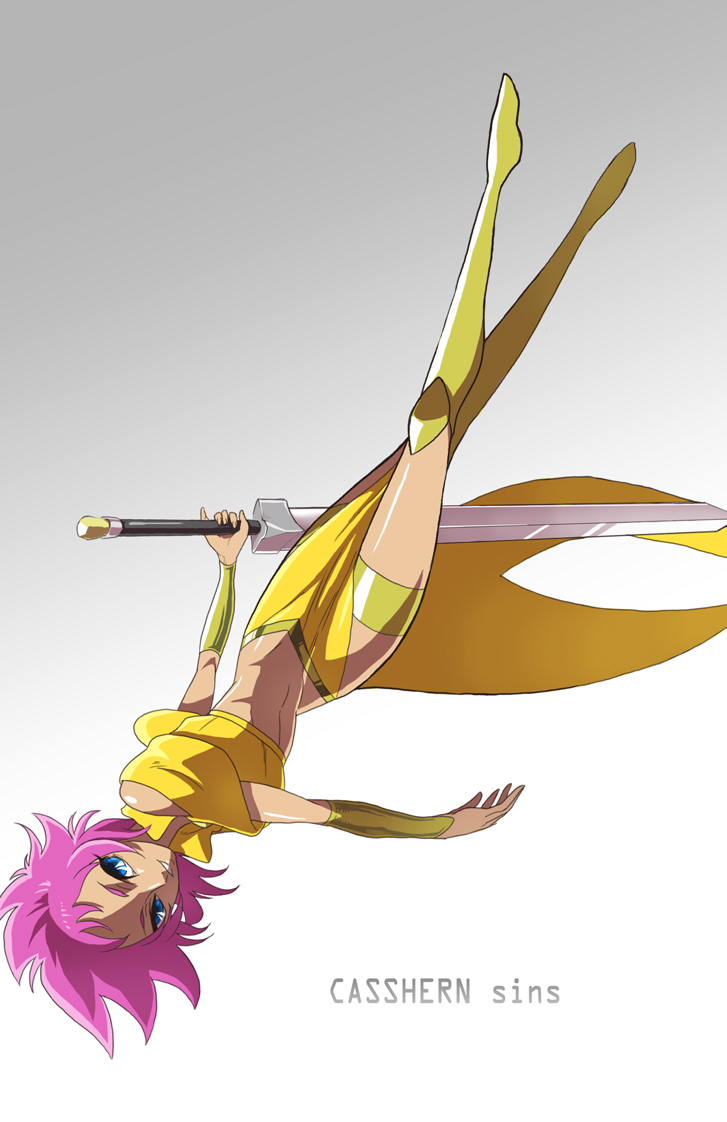 marotea, sophita, casshern (series), casshern sins, 00s, 1girl, armor, blue eyes, boots, female focus, greaves, knee boots, midriff, pinky out, purple hair, smile, solo, sword, thigh strap, upside-down, vambraces, weapon