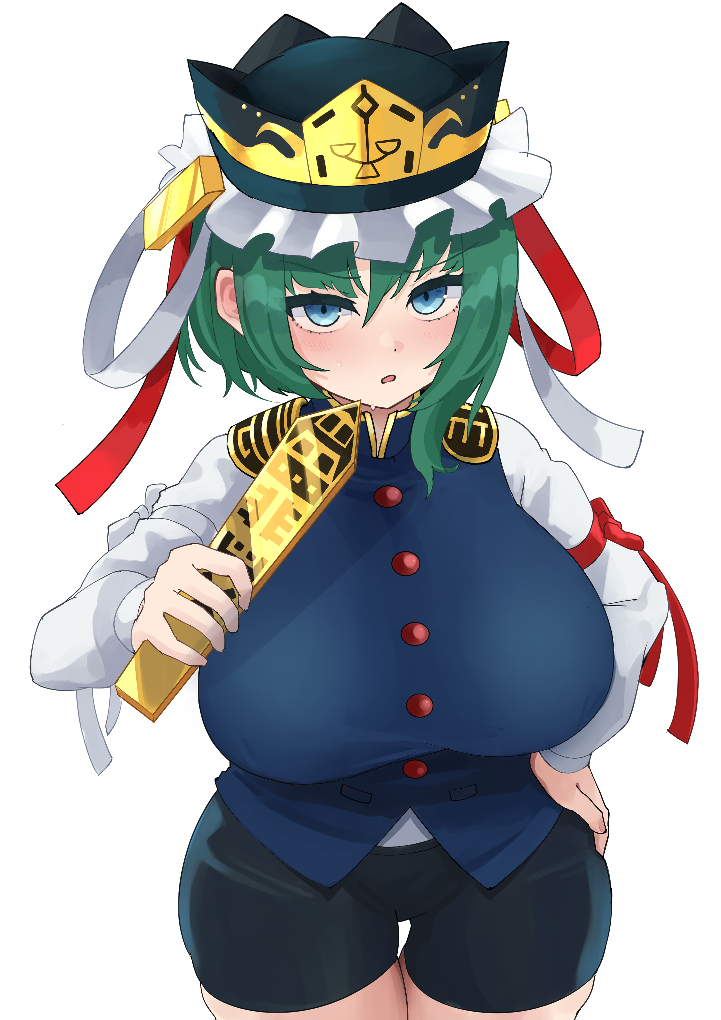 shinonome zakuro, shiki eiki, touhou, absurdres, commentary request, highres, variant set, 1girl, adapted costume, asymmetrical hair, black shorts, blue eyes, blue vest, blush, breasts, cowboy shot, epaulettes, frilled hat, frills, green hair, hand on own hip, hat, holding, huge breasts, long sleeves, medium hair, rod of remorse, shorts, simple background, solo, vest, white background