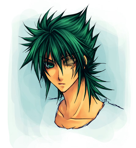 kraken isaac, poseidon (saint seiya), saint seiya, lowres, 1boy, green hair, male focus, one-eyed, scar, scar across eye, scar on face, solo