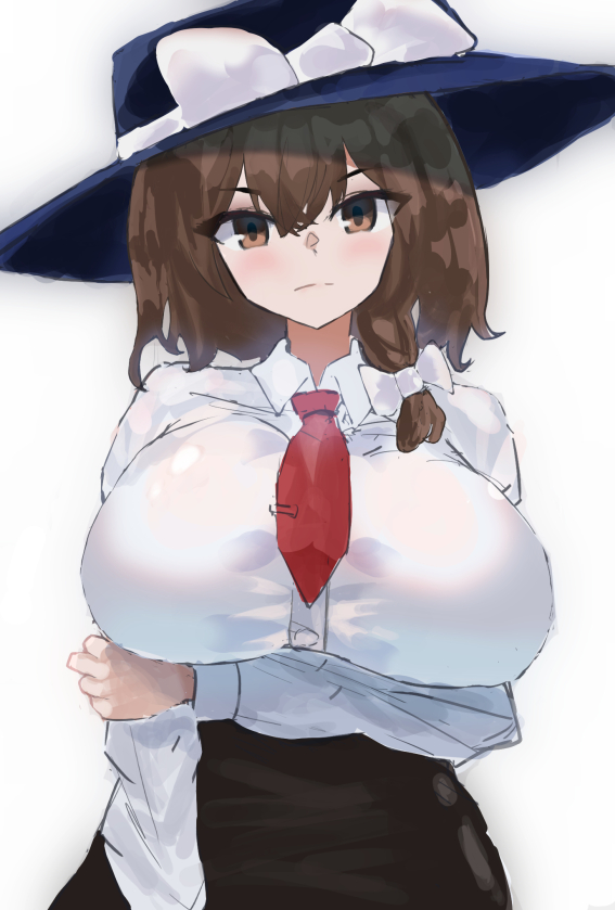 usami renko, touhou, commentary request, 1girl, arm up, black hat, black skirt, bow, braid, breasts, brown eyes, brown hair, fedora, hat, hat bow, huge breasts, long sleeves, looking at viewer, medium breasts, necktie, red necktie, shirt, side braid, simple background, skirt, solo, white background, white bow, white shirt, yosugamike