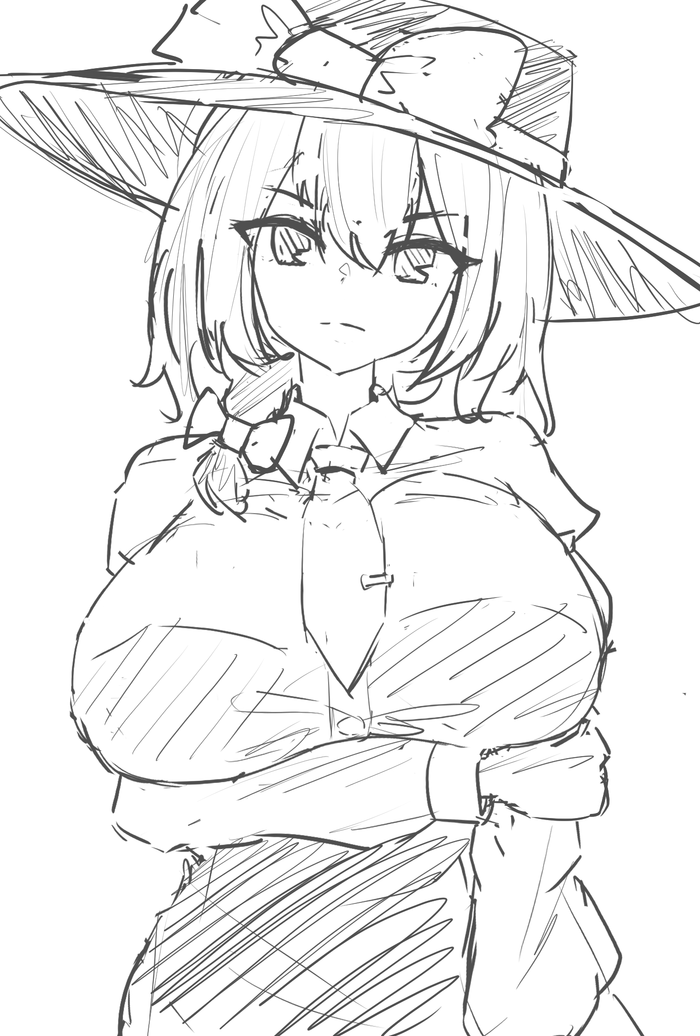usami renko, touhou, highres, 1girl, arm up, black hat, bow, braid, breasts, fedora, hat, hat bow, huge breasts, long sleeves, looking at viewer, medium hair, necktie, shirt, side braid, simple background, sketch, skirt, solo, yosugamike