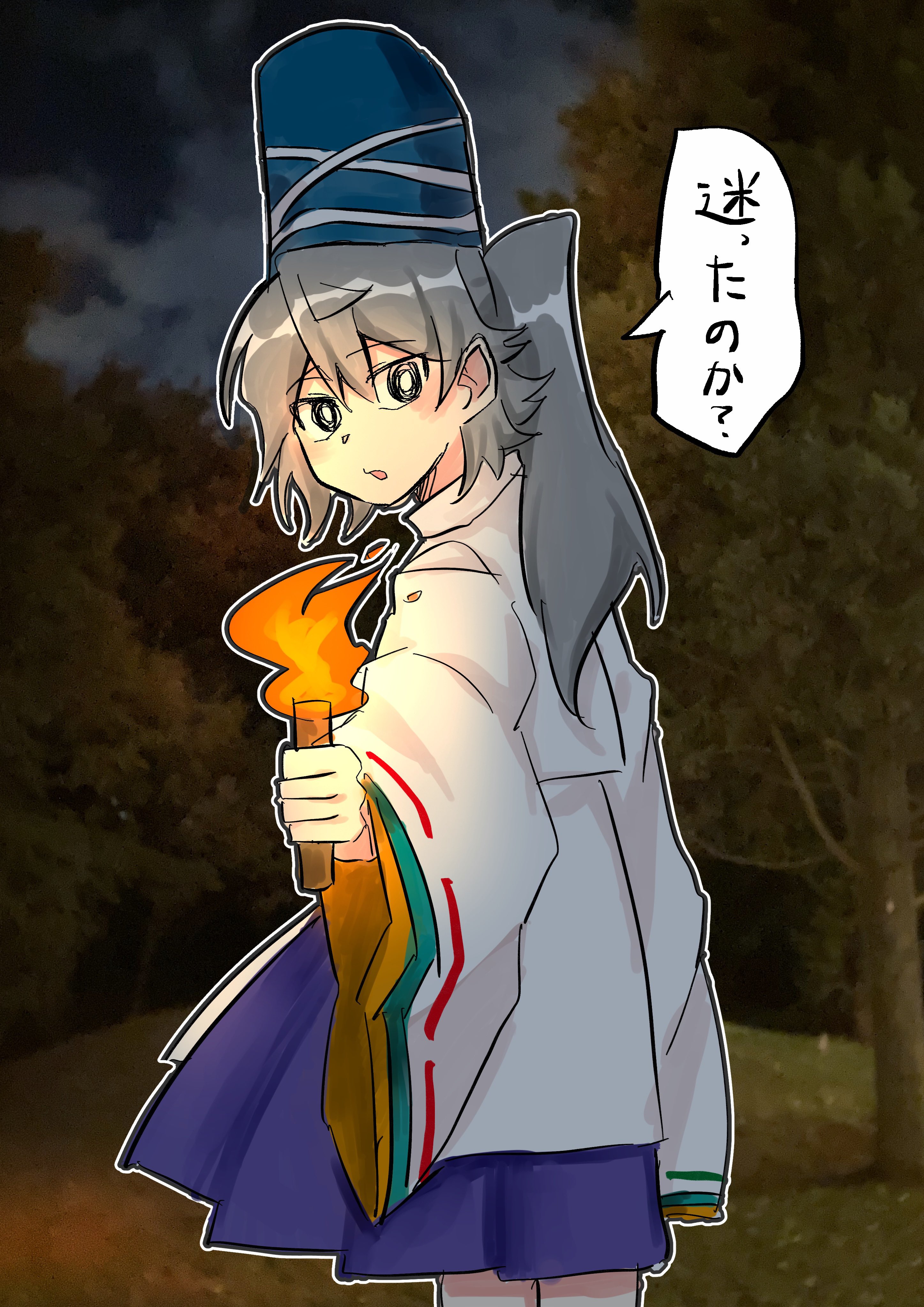 moriya210, mononobe no futo, touhou, absurdres, commentary request, highres, translation request, 1girl, blue hat, blue skirt, bright pupils, green eyes, grey hair, hat, holding, holding torch, long hair, long sleeves, looking at viewer, outdoors, ponytail, ribbon-trimmed sleeves, ribbon trim, skirt, solo, speech bubble, tate eboshi, torch, white pupils, wide sleeves