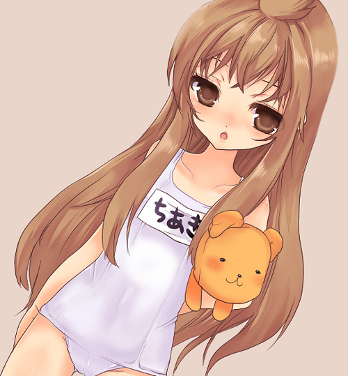 yu (pixiv), yunomi (p-3-q), fujioka-kuma (minami-ke), minami chiaki, minami-ke, bad id, bad pixiv id, 00s, 1girl, ahoge, blush, brown eyes, brown hair, female focus, flat chest, long hair, one-piece swimsuit, open mouth, school swimsuit, solo, swimsuit, white one-piece swimsuit, white school swimsuit