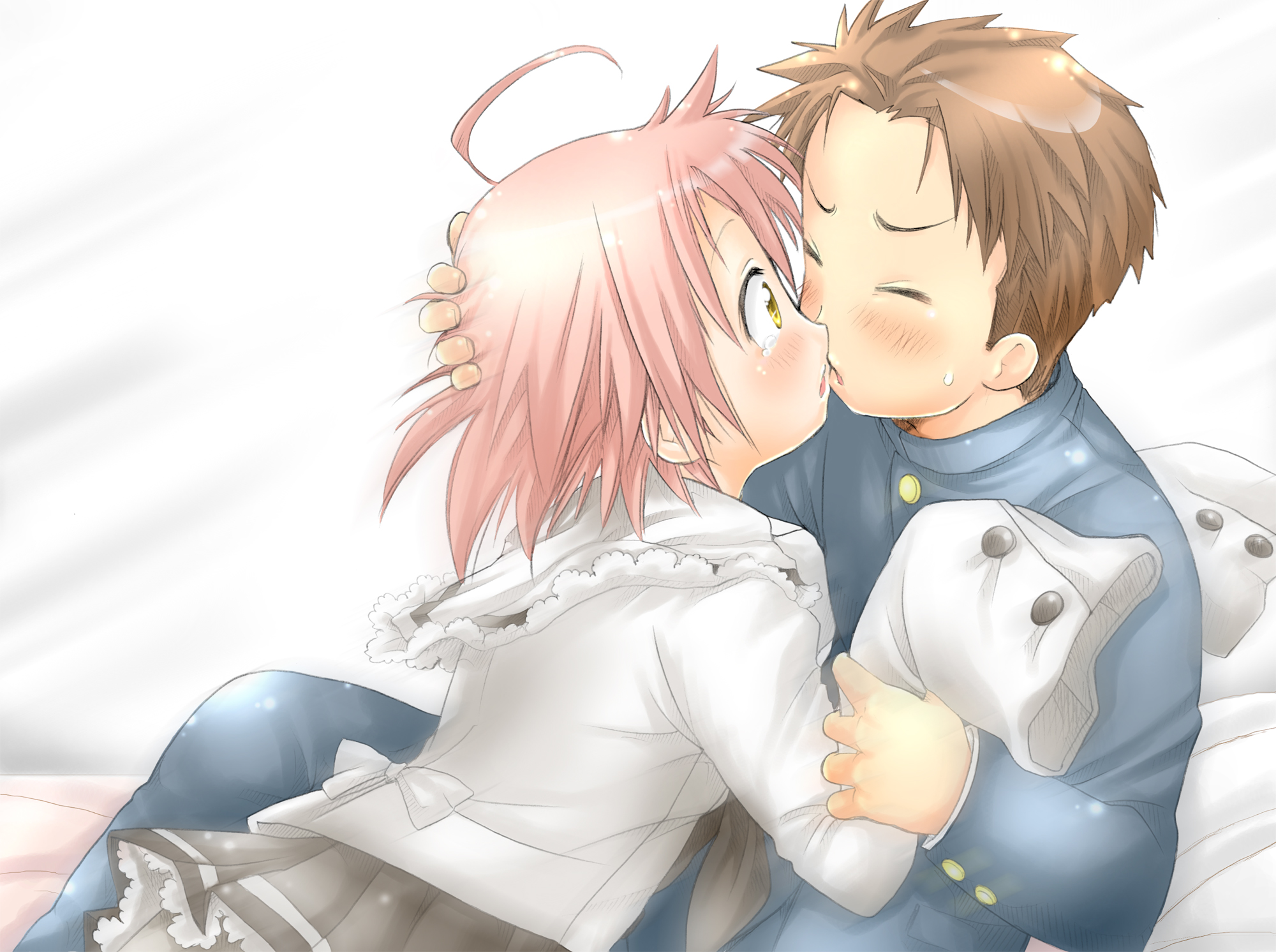ubizo, kogami akira, shiraishi minoru, lucky star, highres, 00s, 1boy, 1girl, hetero, kiss, pantyhose