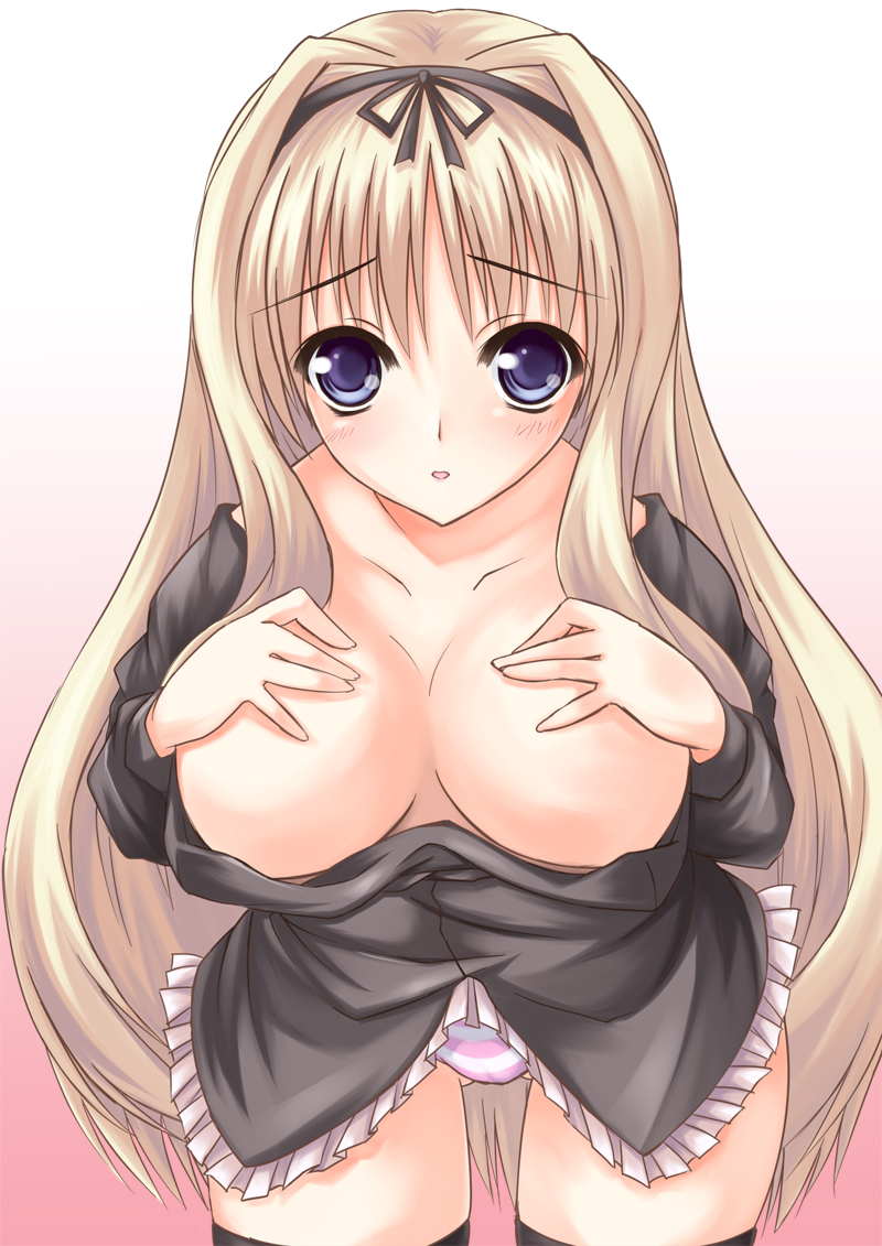 utakata (kochou no yume), kusugawa sasara, to heart (series), to heart 2, 00s, 1girl, blonde hair, blue eyes, blush, breast suppress, breasts, cameltoe, cleavage, clothes pull, downblouse, dress, embarrassed, female focus, frills, hairband, large breasts, leaning forward, long hair, looking at viewer, no bra, open mouth, panties, shirt pull, solo, striped clothes, striped panties, thighhighs, underwear, very long hair, zettai ryouiki