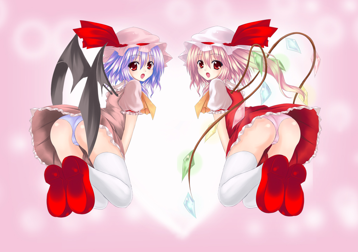 utakata (kochou no yume), flandre scarlet, remilia scarlet, touhou, light purple hair, 2girls, :o, ass, bat wings, blonde hair, blue hair, dress, female focus, floating, from behind, heart, looking at viewer, looking back, multiple girls, open mouth, panties, pink hair, purple hair, red eyes, short hair, siblings, sisters, symmetry, thighhighs, underwear, upskirt, wings